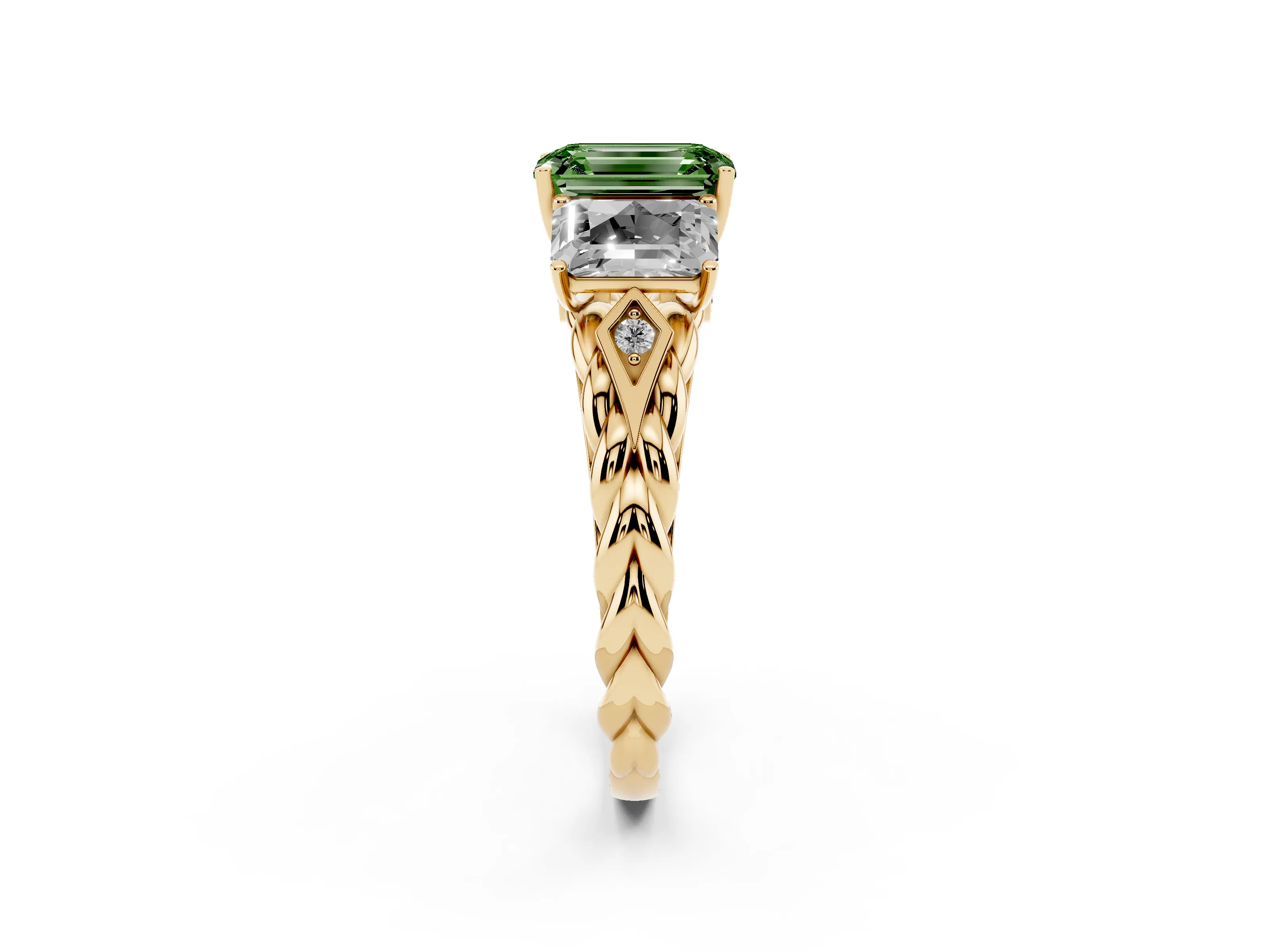 Fancy Green Radiant Cut Diamond Three-Stone Ring Set in Yellow gold with Braided Band