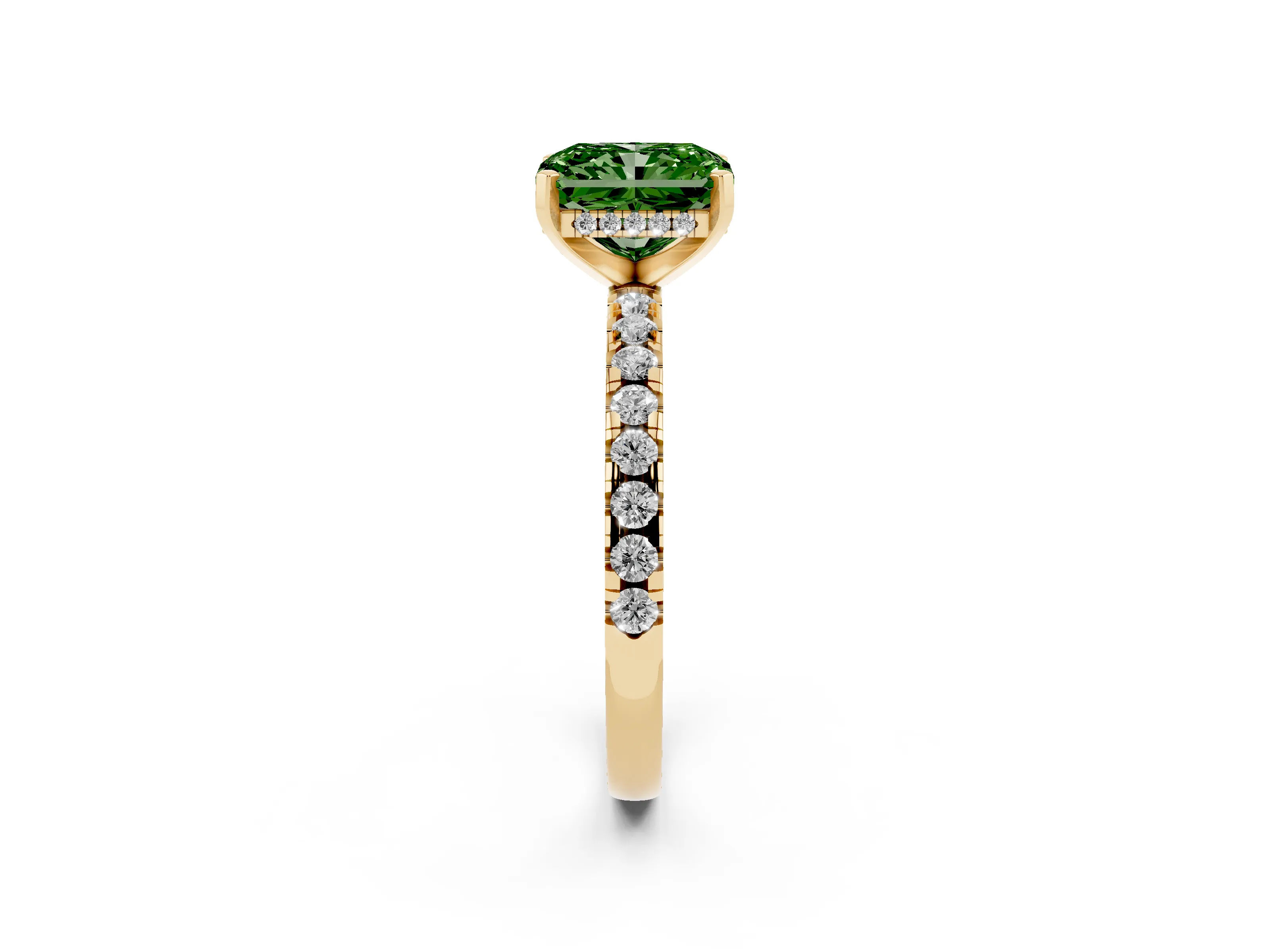 Fancy Green Radiant Cut Diamond Pavé Solitaire Ring Set in Yellow gold with Round Band Accents and Prong Setting