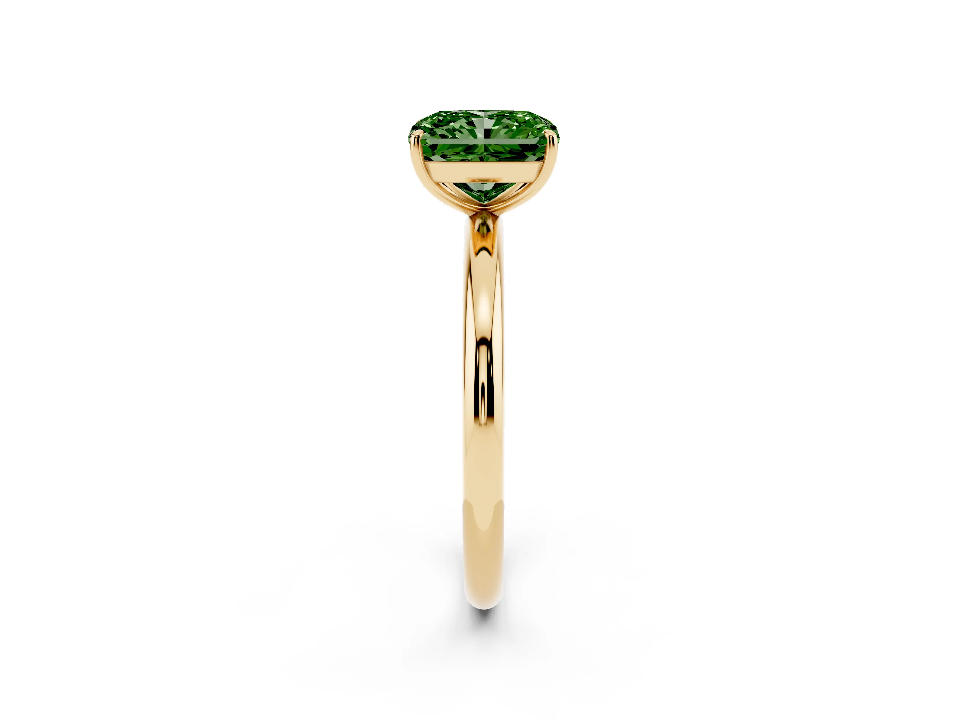 Fancy Green Radiant Cut Diamond Solitaire Ring Set in Yellow gold with Prong Setting on a Polished Plain Band
