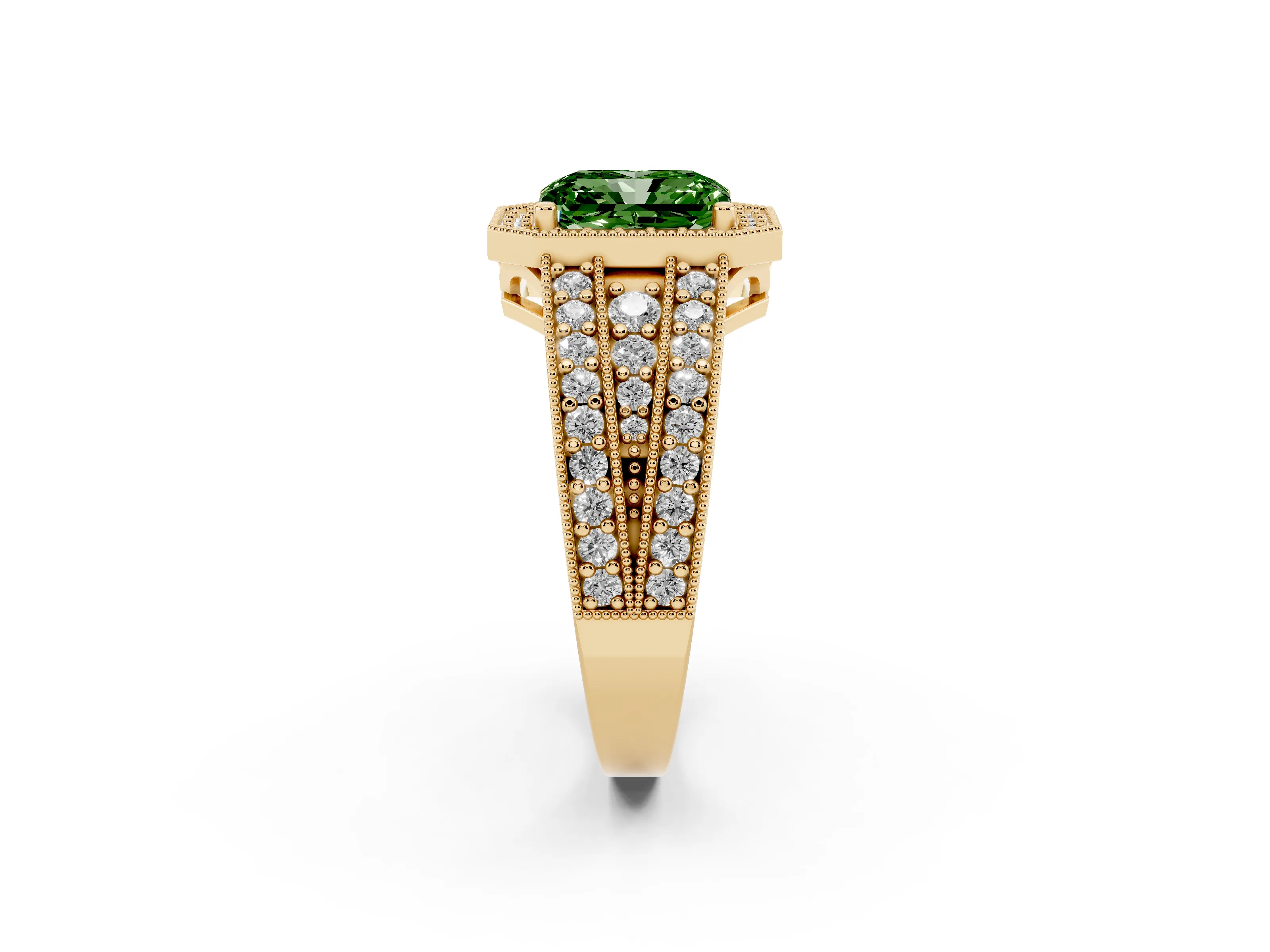 Fancy Green Radiant Cut Diamond Halo Ring Set in Yellow gold with Accent Split Shank and Prong Setting