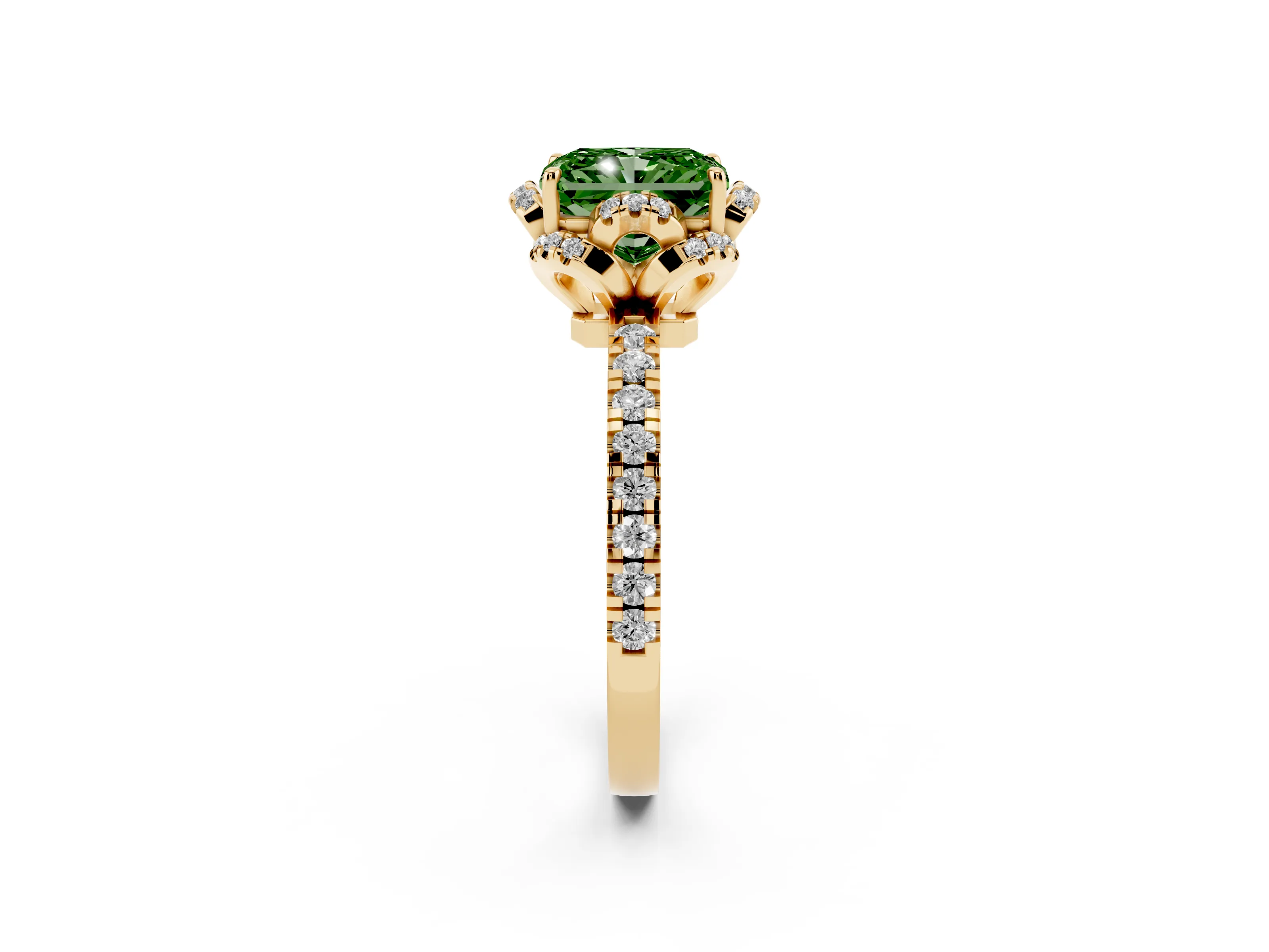 Fancy Green Radiant Cut Diamond Halo Pavé Band Ring Set in Yellow gold with Prong-Held Center