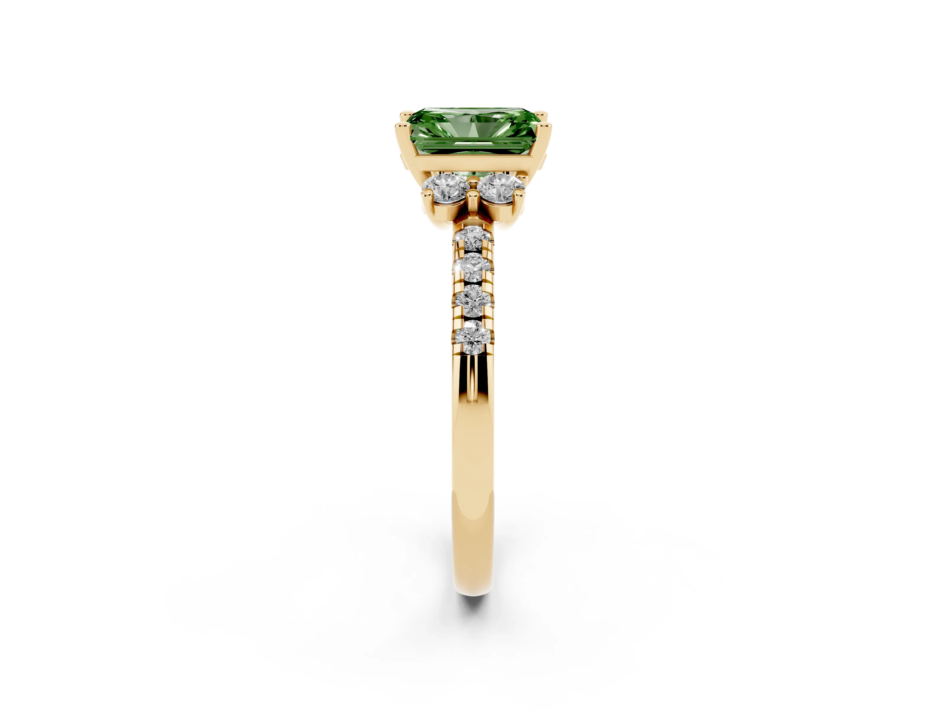 Fancy Green Radiant Cut Diamond Three-Stone Pavé Ring Set in Yellow gold with Prong Setting