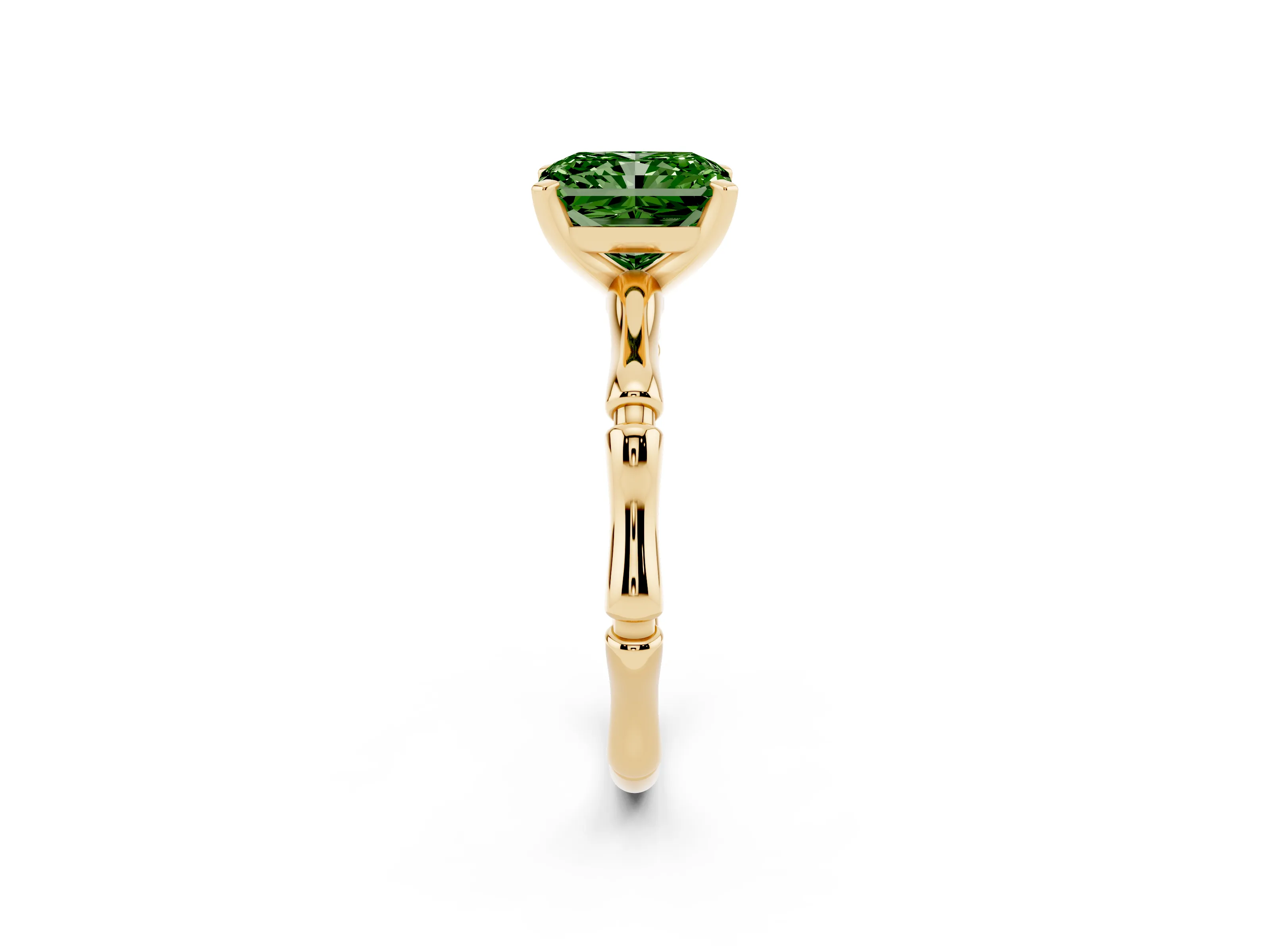 Fancy Green Radiant Cut Diamond Solitaire Ring Set in Yellow gold with Bamboo Band and Prong Setting