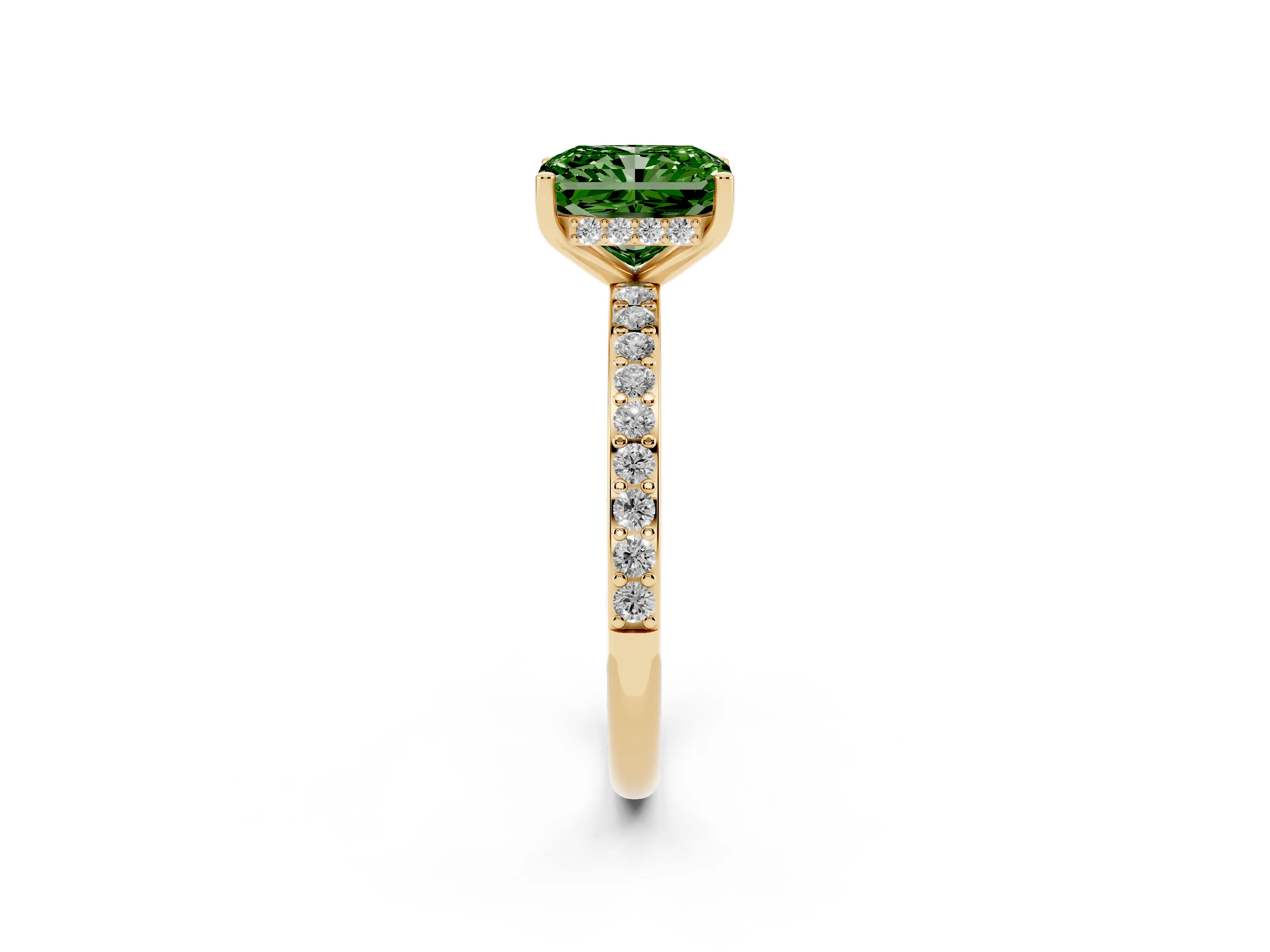 Fancy Green Radiant Cut Diamond Pavé Band Ring Set in Yellow gold with Prong-Set Center Stone