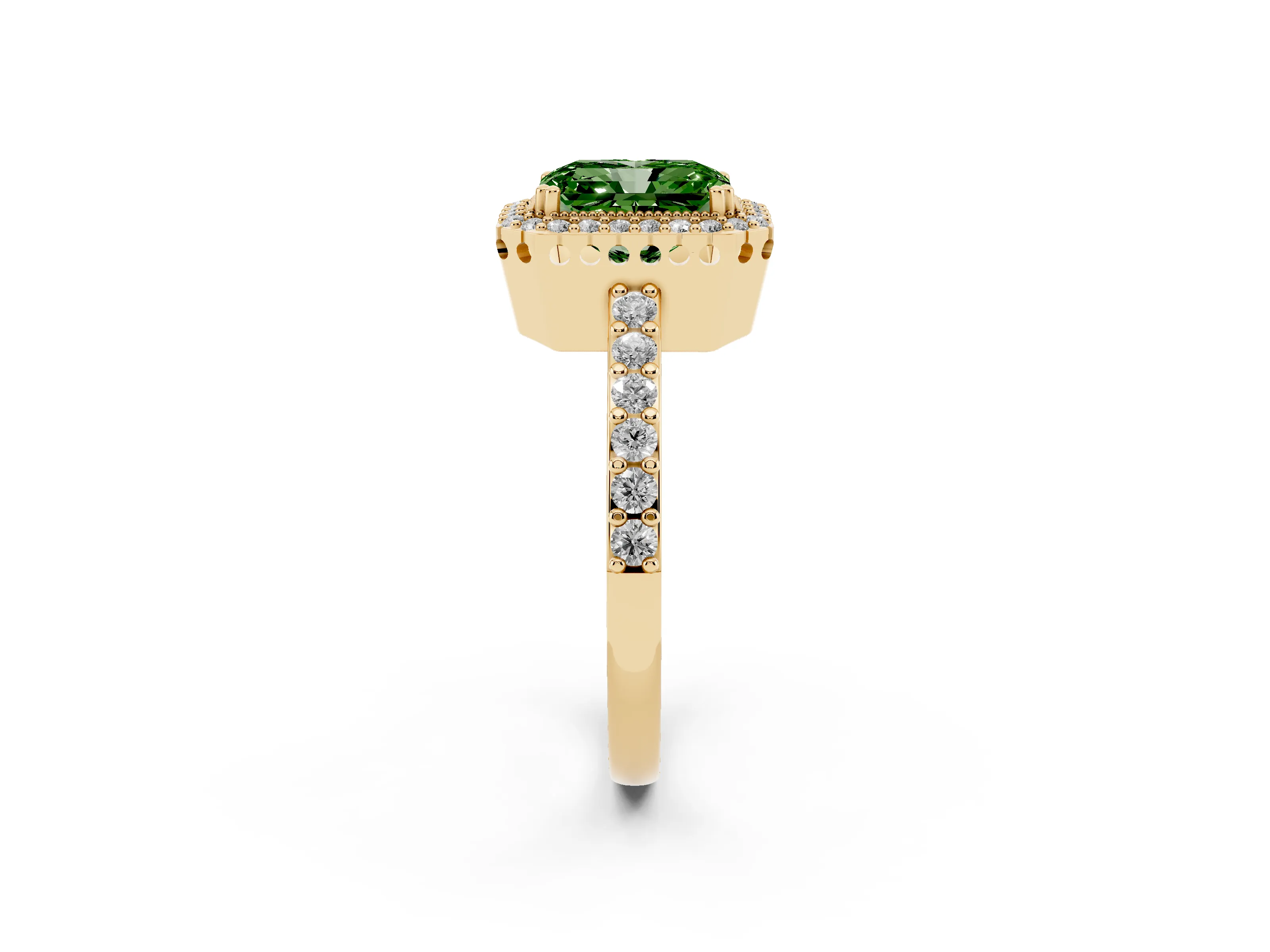 Fancy Green Radiant Cut Diamond Halo Engagement Ring Set in Yellow gold with Milgrain Detail and Pavé Band