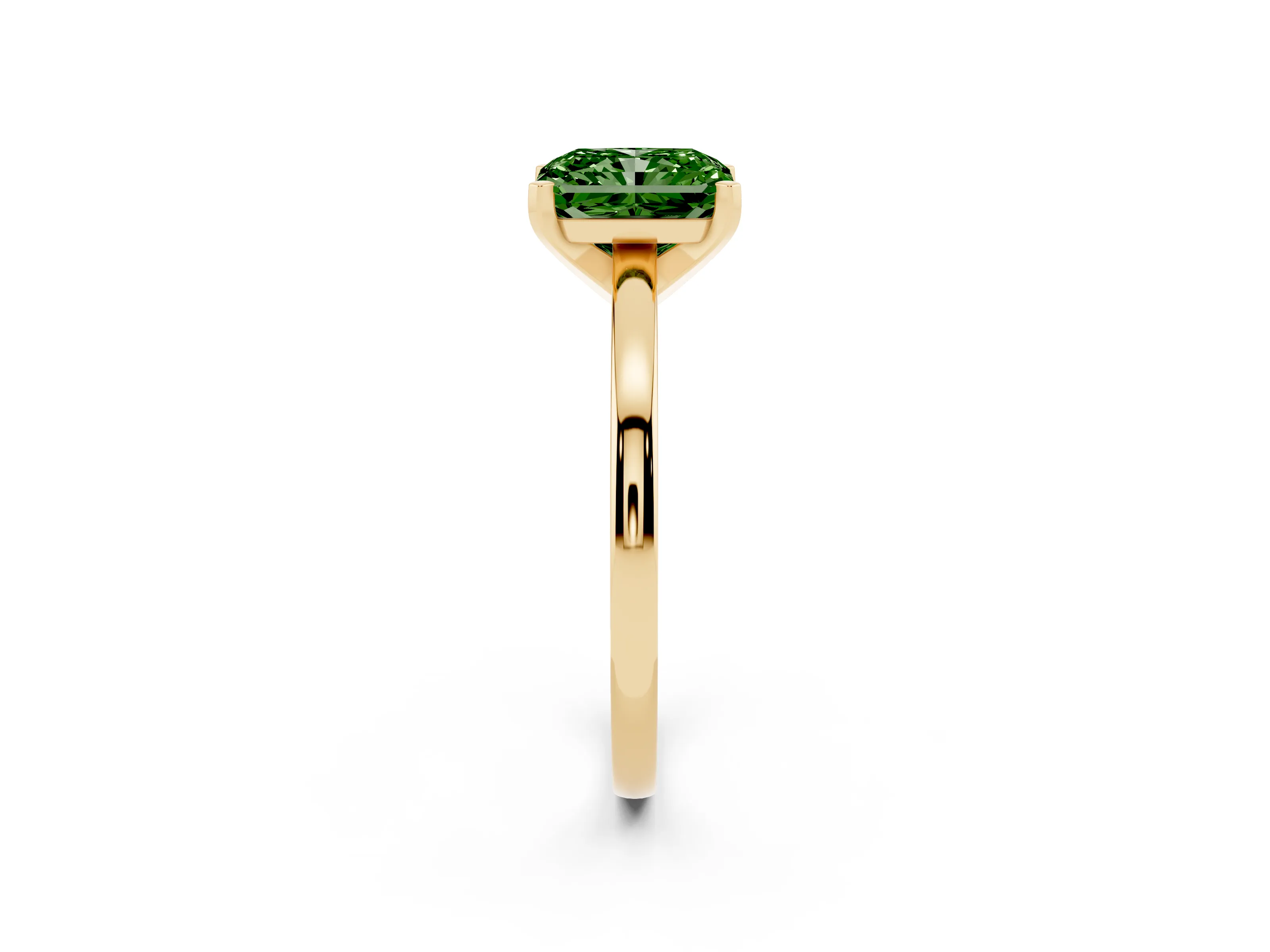 Fancy Green Radiant Cut Diamond Solitaire Engagement Ring Set in Yellow gold with Prong Setting on a Classic Band
