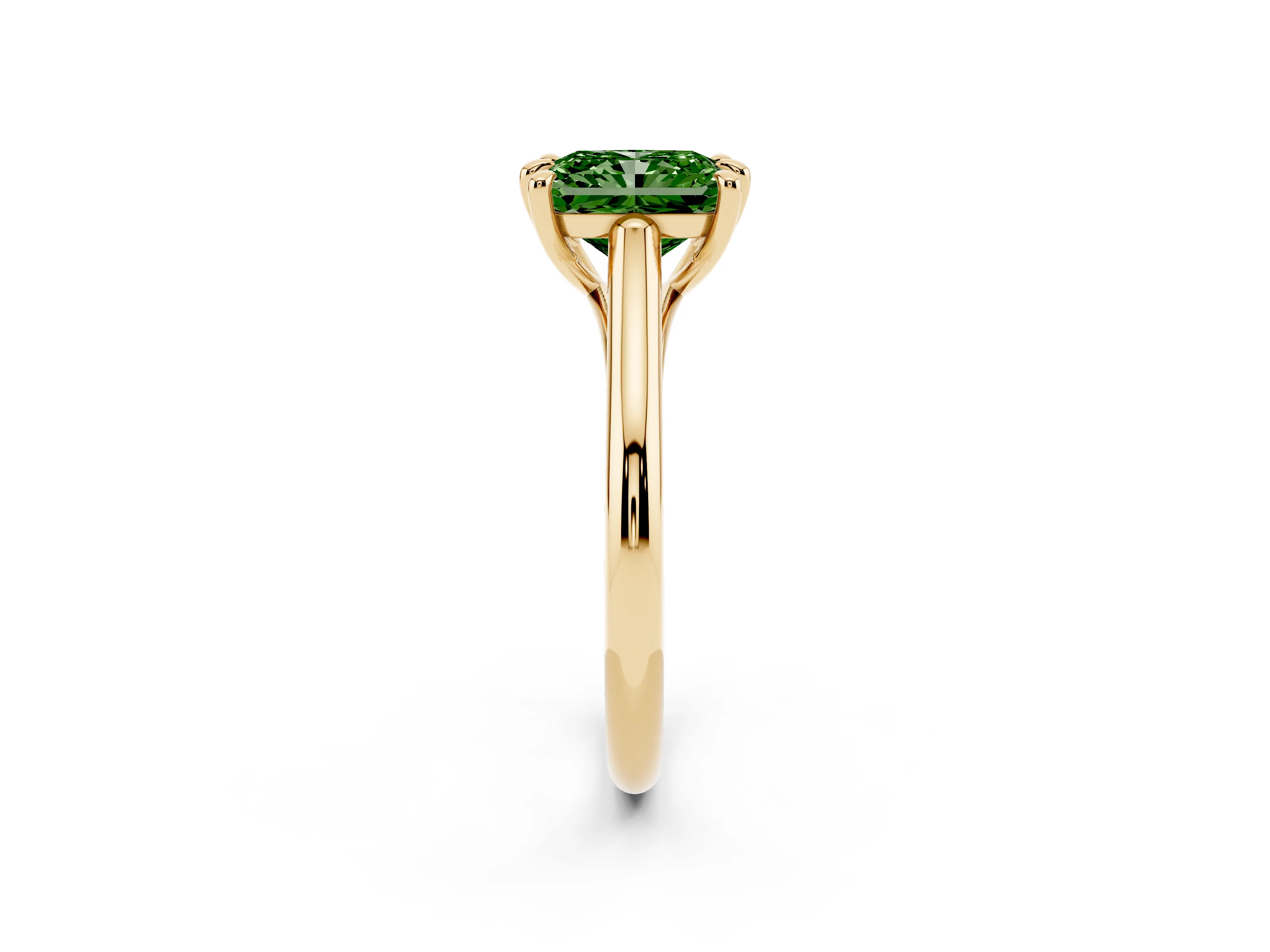 Fancy Green Radiant Cut Diamond Solitaire Engagement Ring Set in Yellow gold with Prong Setting and Plain Classic Band