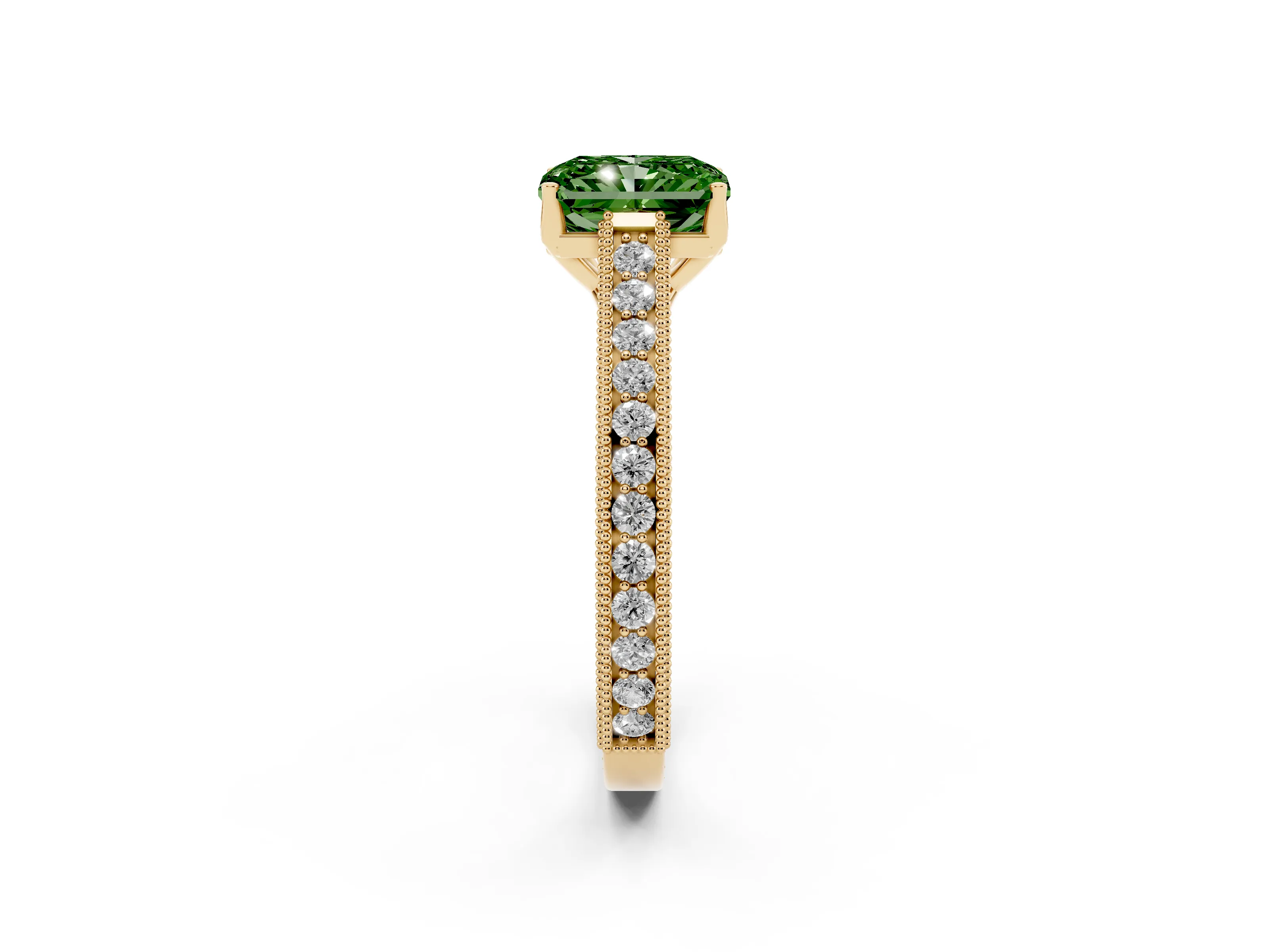 Fancy Green Radiant Cut Diamond Milgrain Pavé Band Solitaire Ring Set in Yellow gold with Prong Setting