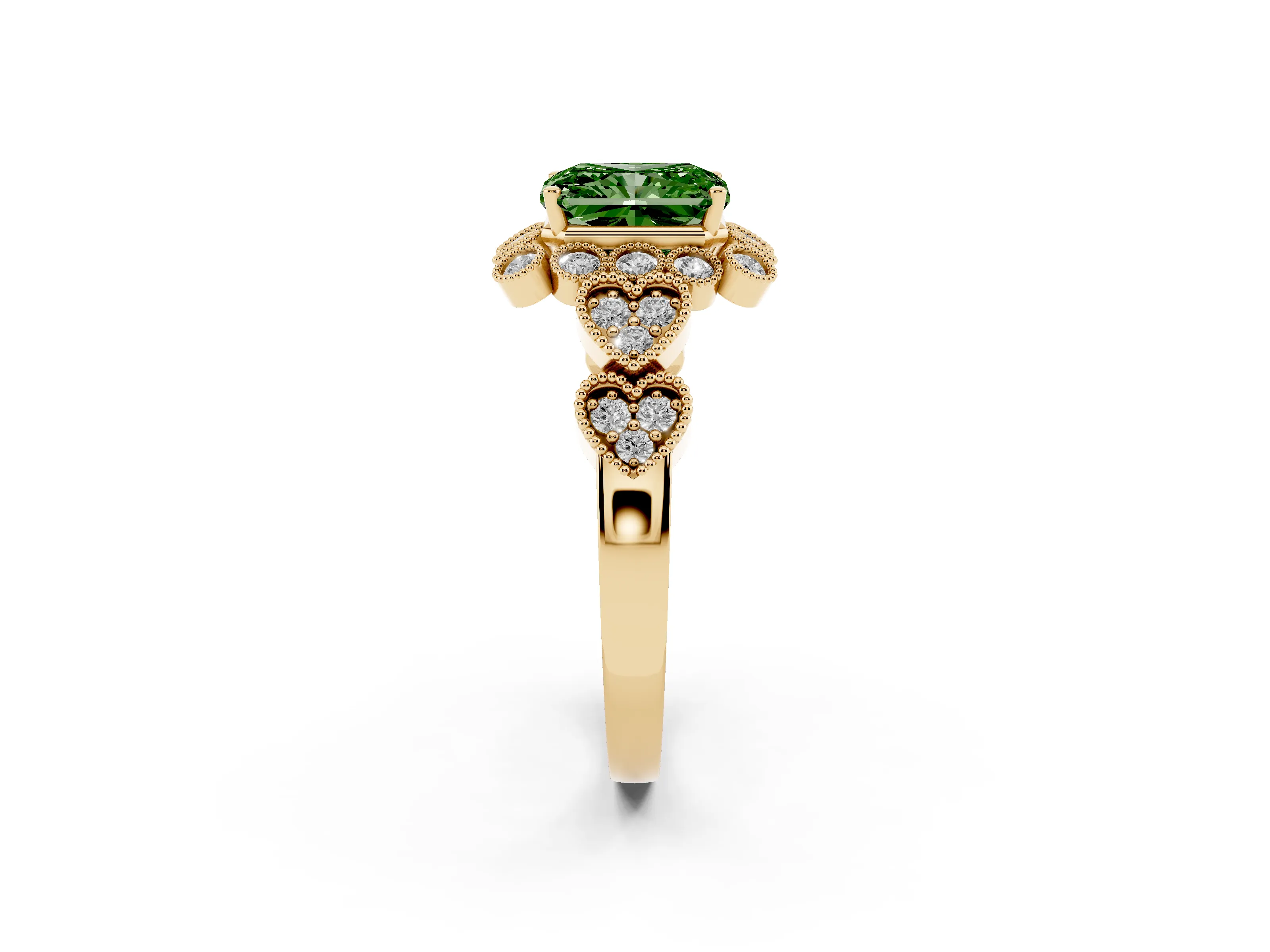 Fancy Green Radiant Cut Diamond Solitaire Ring Set in Yellow gold with Milgrain Pavé Heart Band