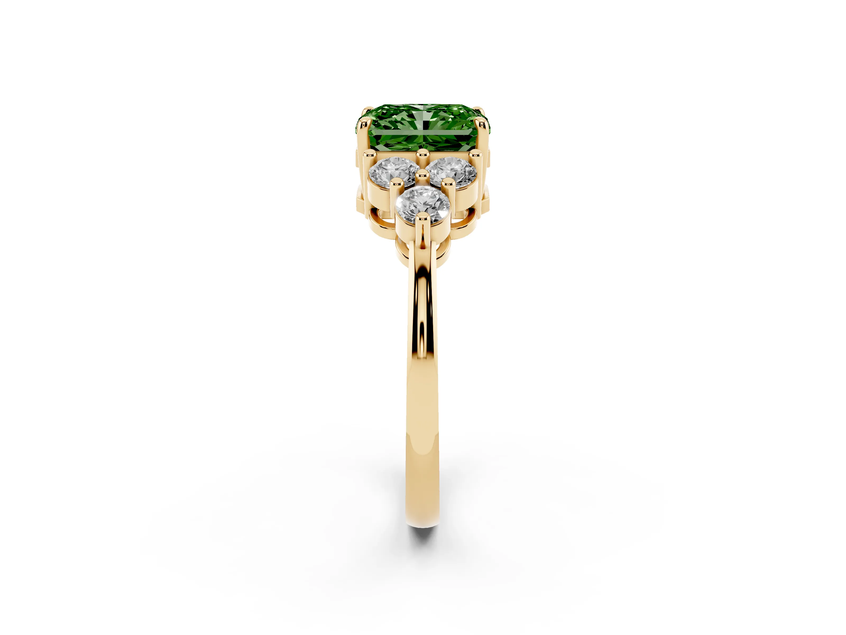 Fancy Green Radiant Cut Diamond Solitaire Ring Set in Yellow gold with Cluster Accents on Each Side
