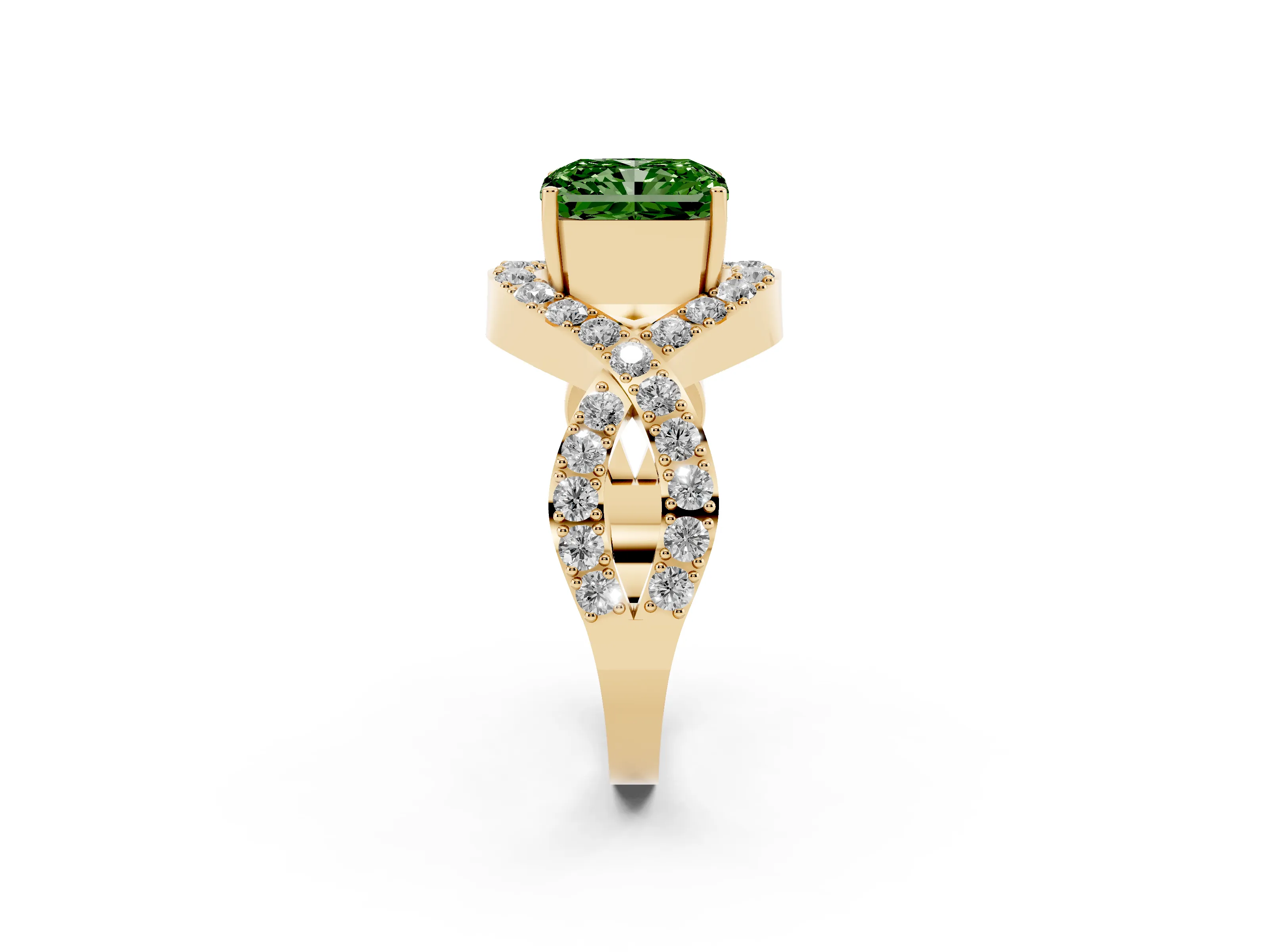 Fancy Green Radiant Cut Diamond Solitaire Twist Band Pavé Engagement Ring Set in Yellow gold