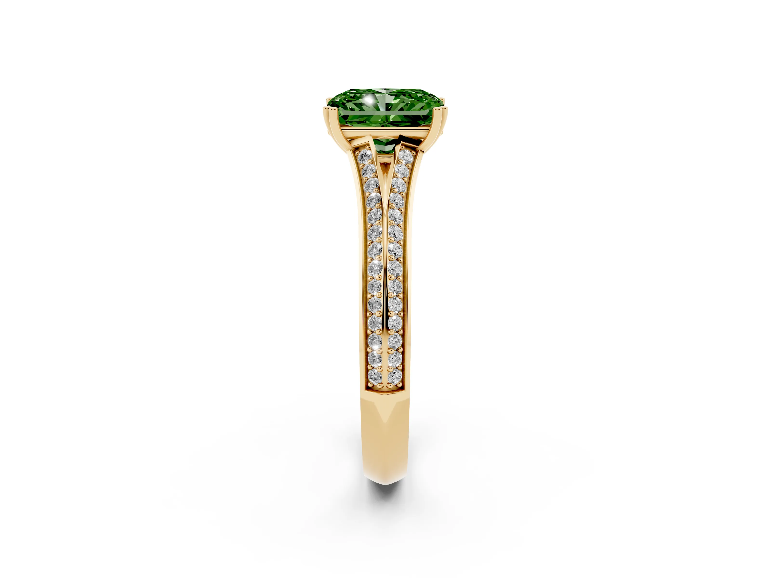 Fancy Green Radiant Cut Diamond Split Shank Pavé Engagement Ring Set in Yellow gold with Prong-Set Center Stone
