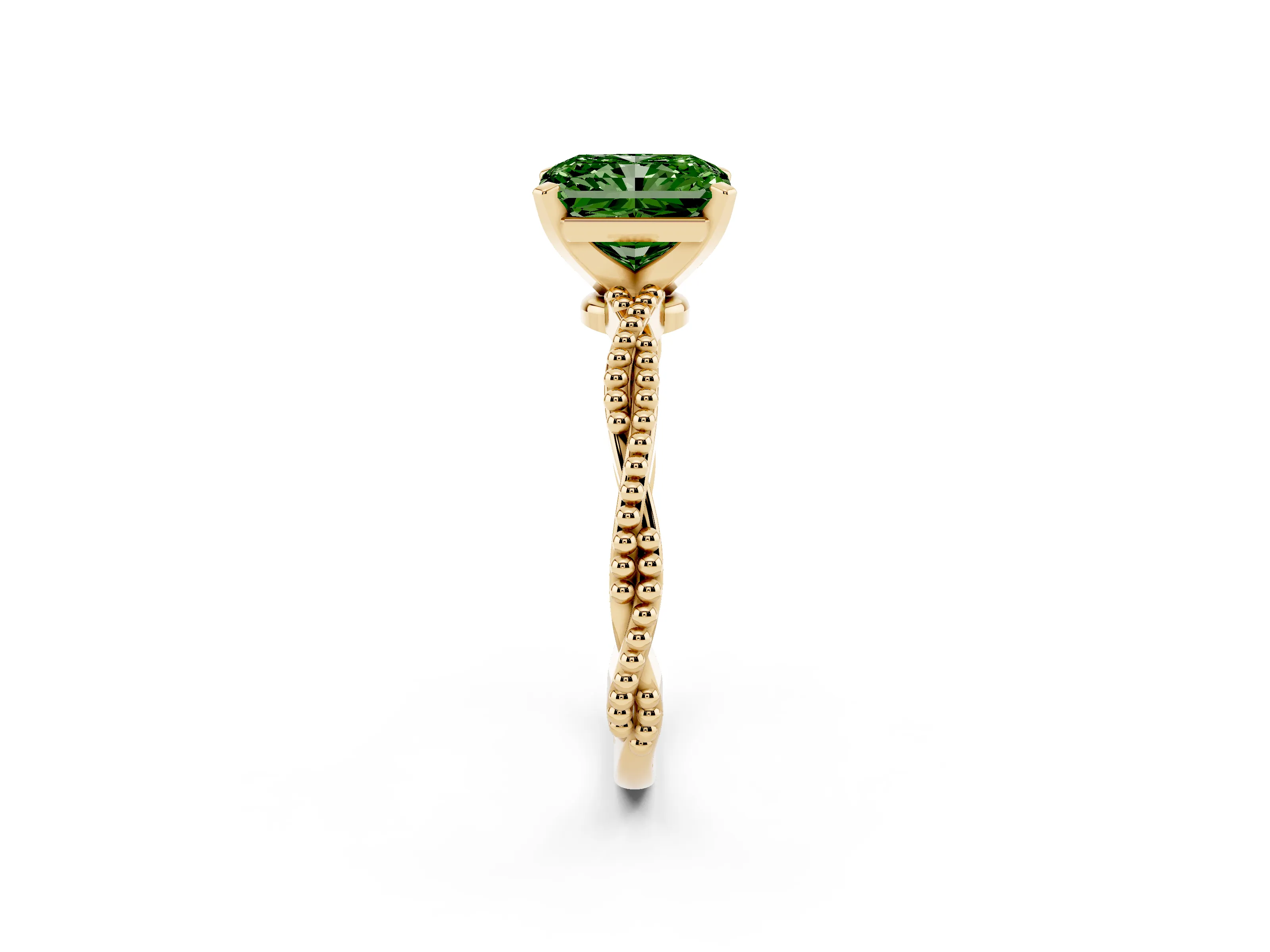 Fancy Green Radiant Cut Diamond Solitaire Ring Set in Yellow gold with Twisted Band and Bead Prong Setting