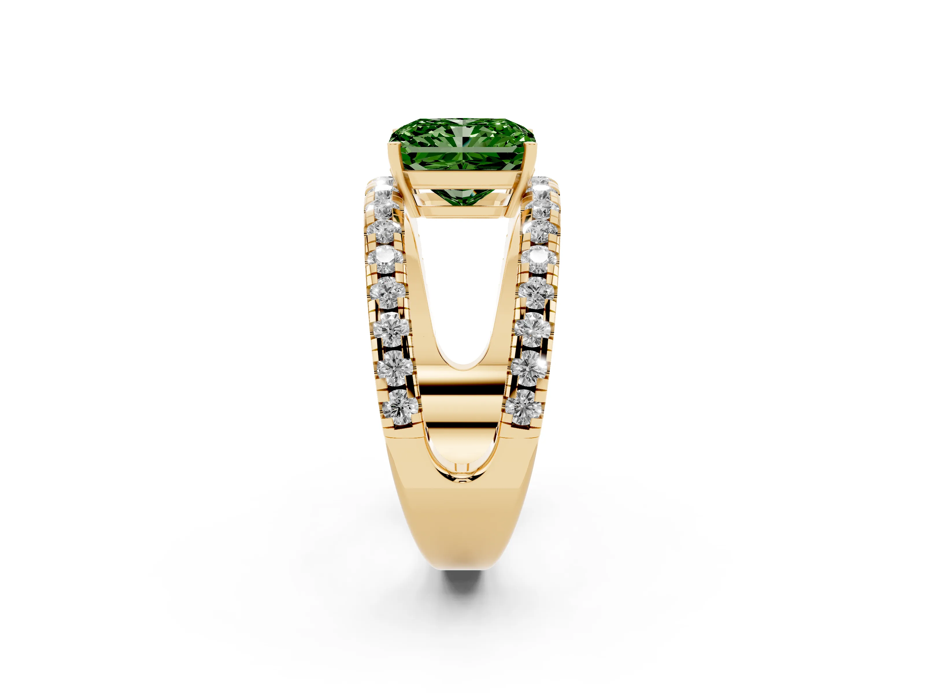 Fancy Green Radiant Cut Diamond Split Shank Pavé Solitaire Ring Set in Yellow gold with Open Shank Design
