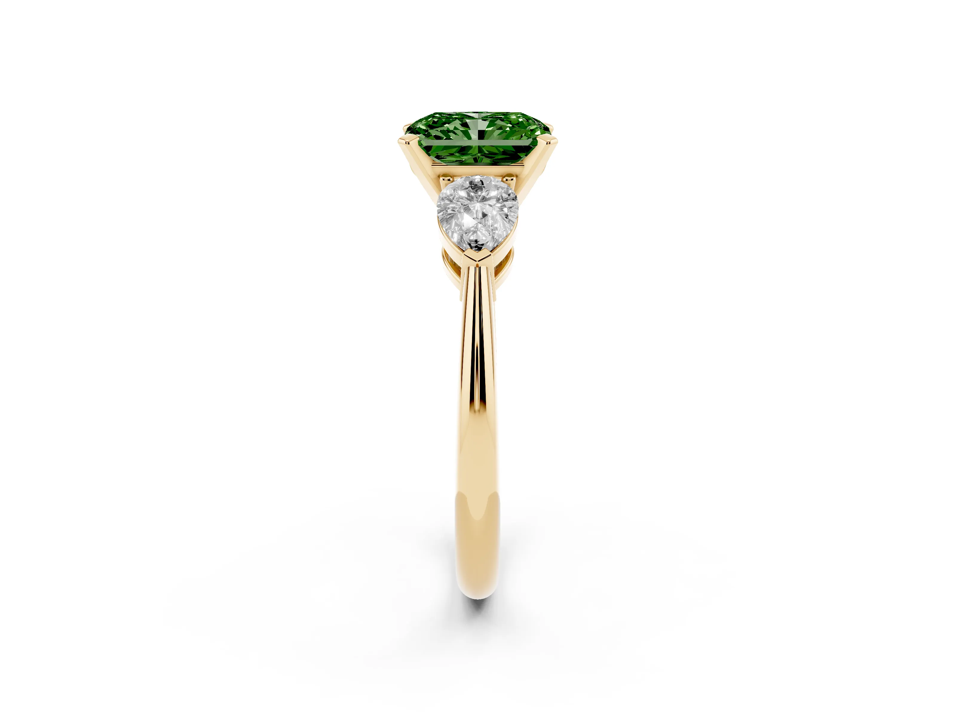 Fancy Green Three-Stone Radiant Cut Diamond Ring Set in Yellow gold with Pear Side Stones and Prong Setting