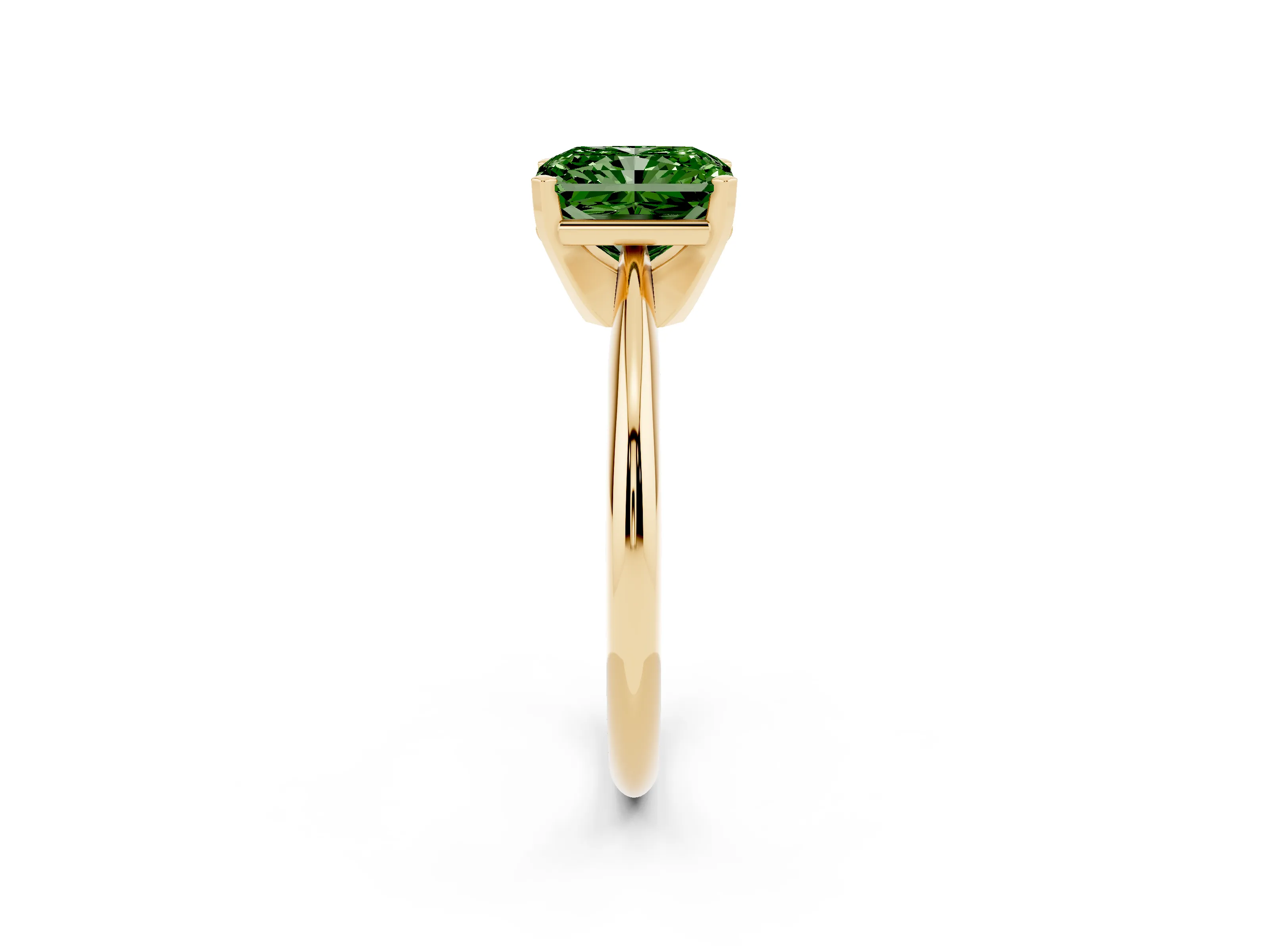 Fancy Green Radiant Cut Diamond Solitaire Ring Set in Yellow gold with Prong Setting on a Plain Round Band