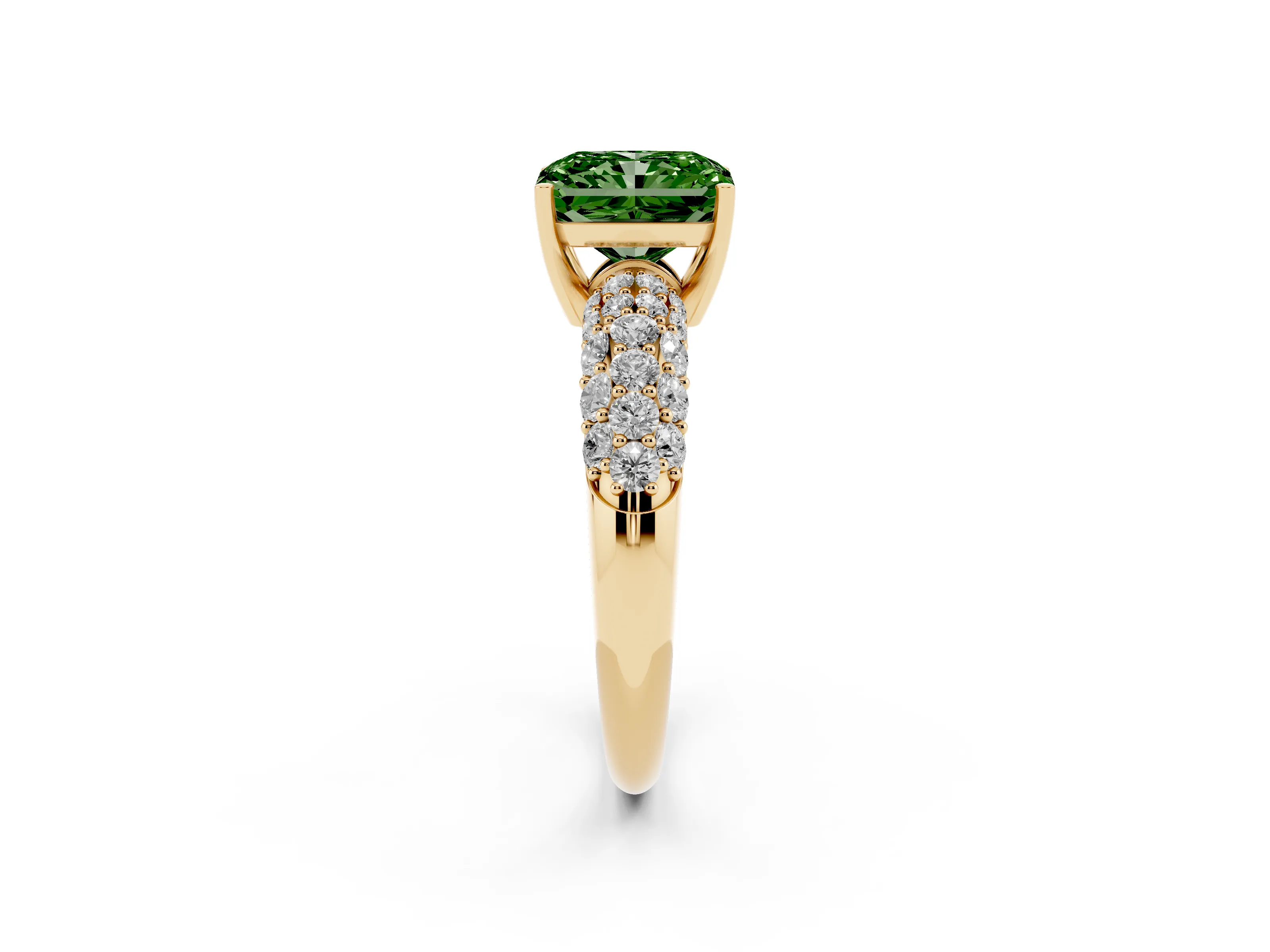 Fancy Green Radiant Cut Diamond Pavé Band Solitaire Ring Set in Yellow gold with Close-Set Accent Stones and Prong Setting