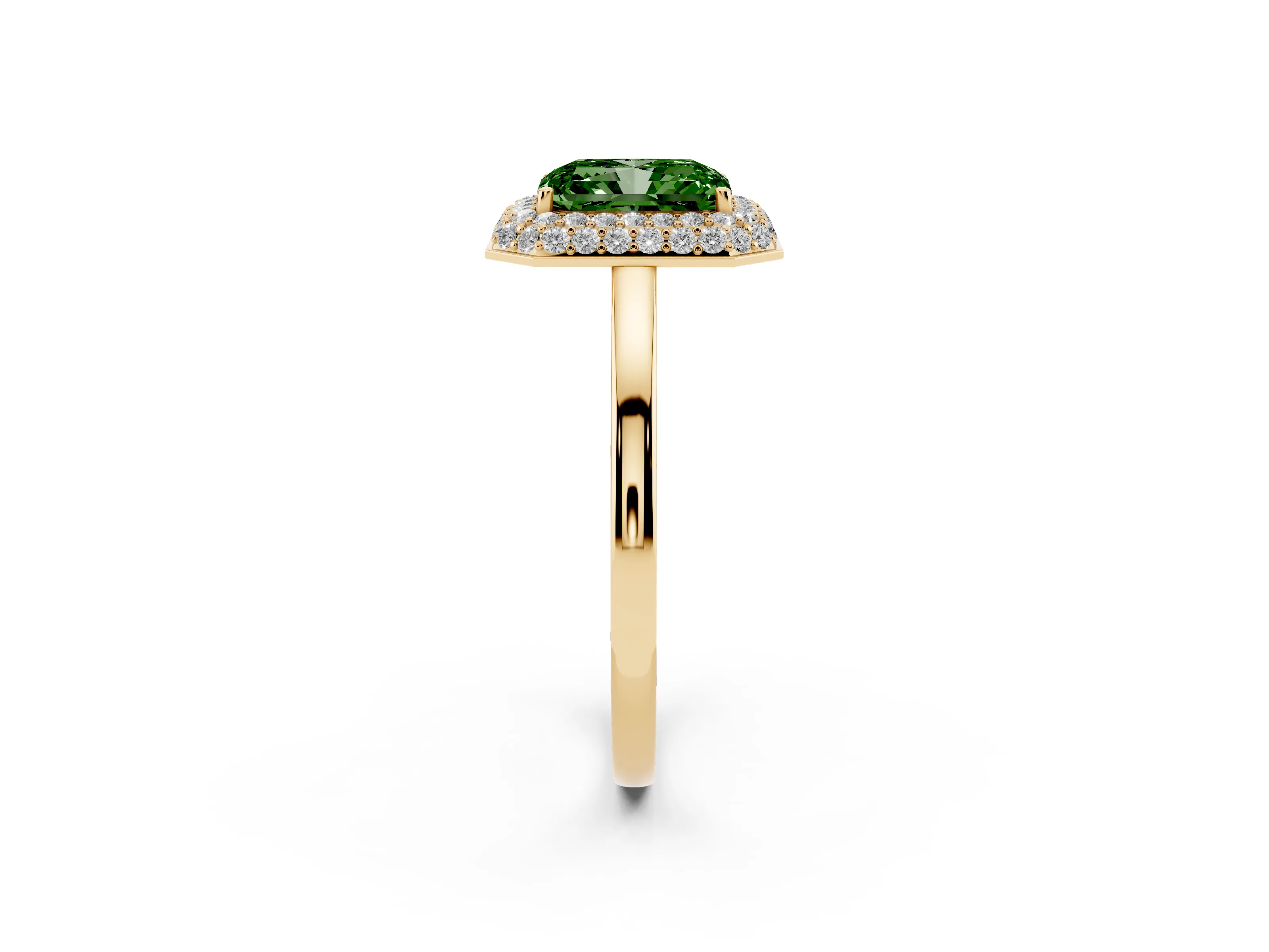 Fancy Green Radiant Cut Diamond Halo Engagement Ring Set in Yellow gold with Solitaire Band and Prong Setting