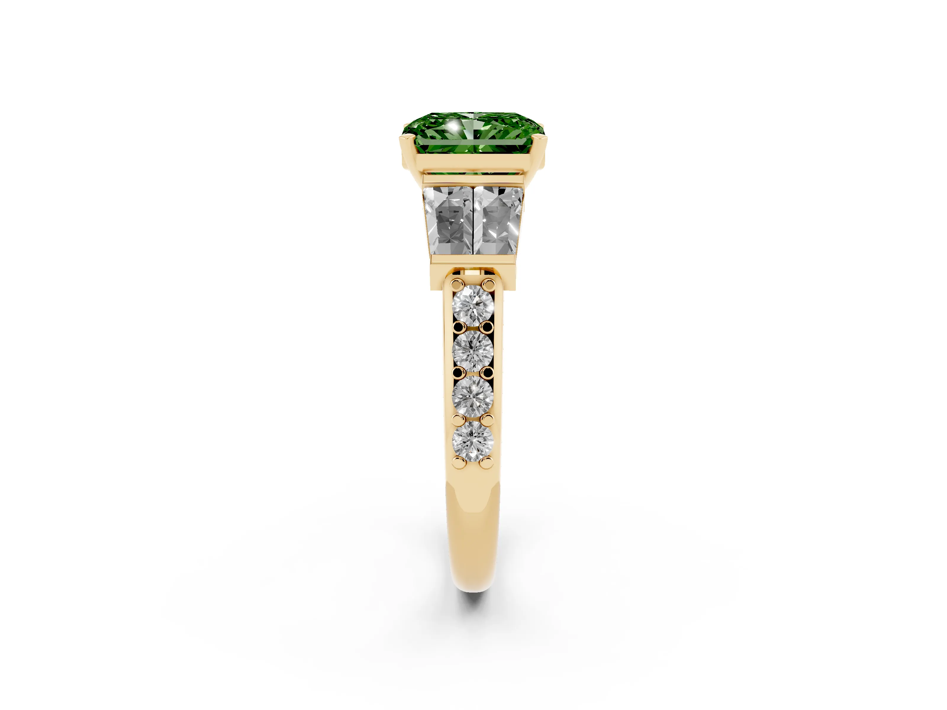 Fancy Green Radiant Cut Diamond Engagement Ring Set in Yellow gold with Baguette Side Stones and Channel Set Band