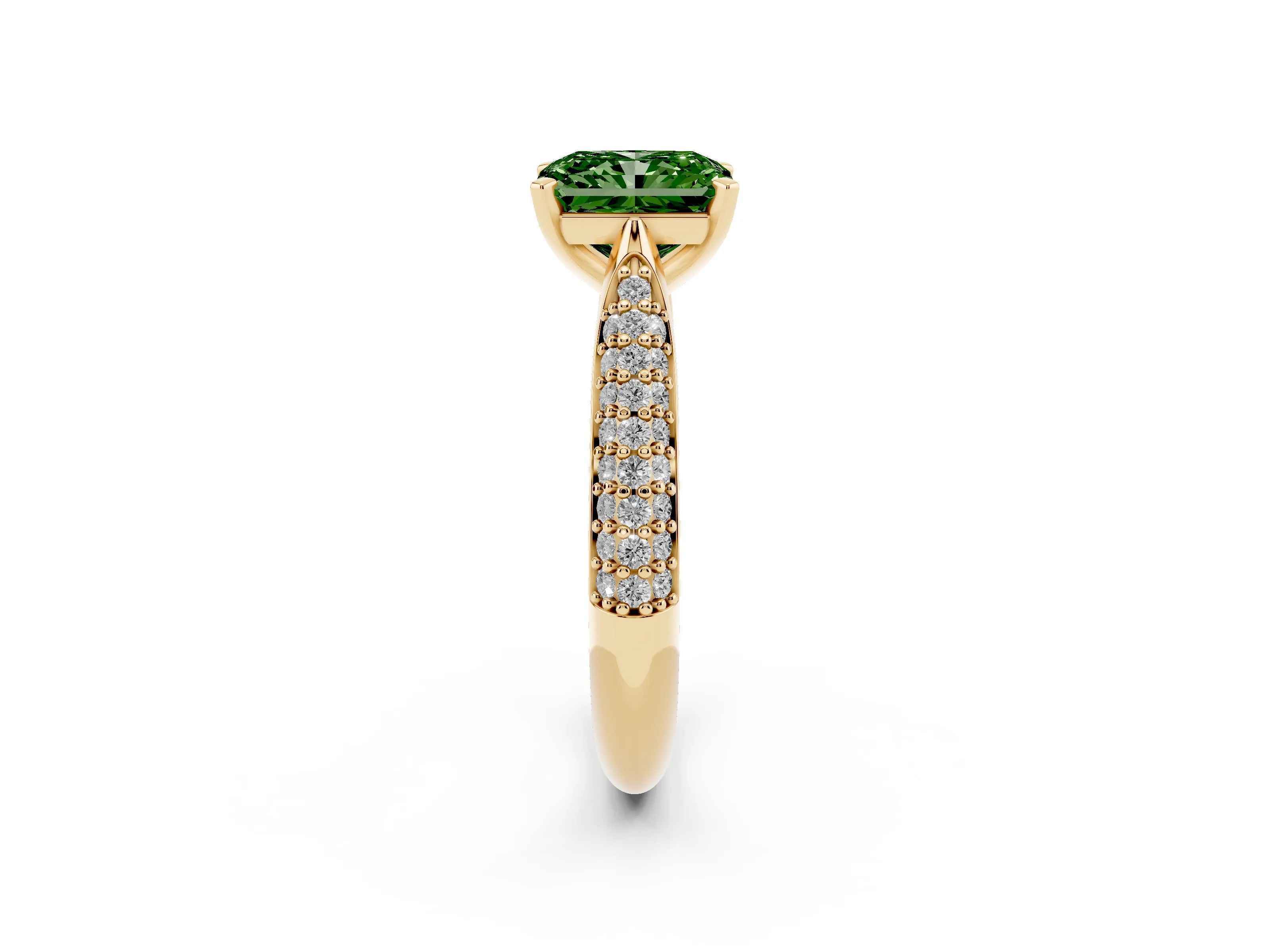 Fancy Green Radiant Cut Diamond Solitaire Engagement Ring Set in Yellow gold with Multi-Row Round Pavé Band and Prong Setting