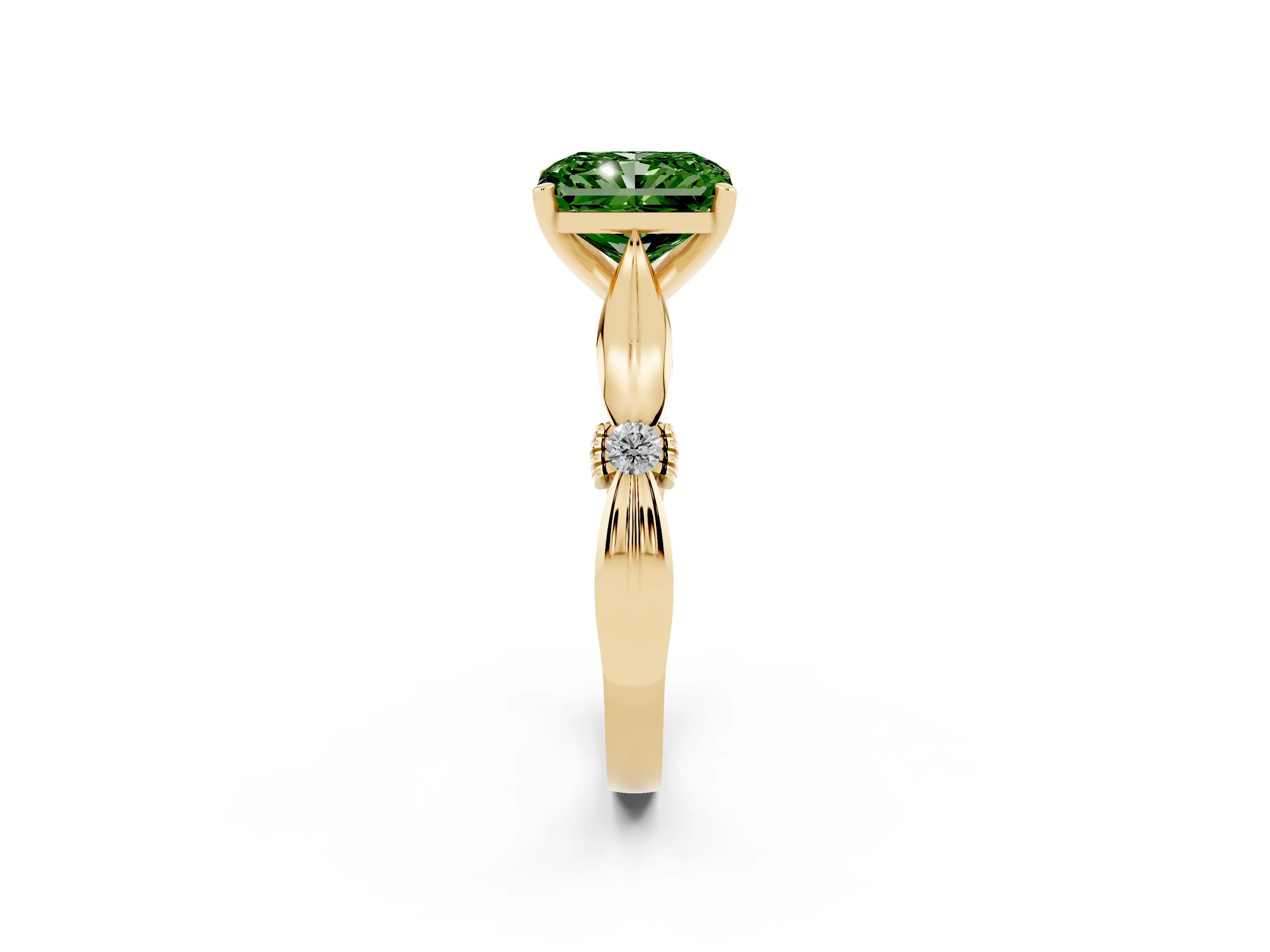 Fancy Green Radiant Cut Diamond Solitaire Twisted Band Ring Set in Yellow gold with Accent Stones and Prong Setting