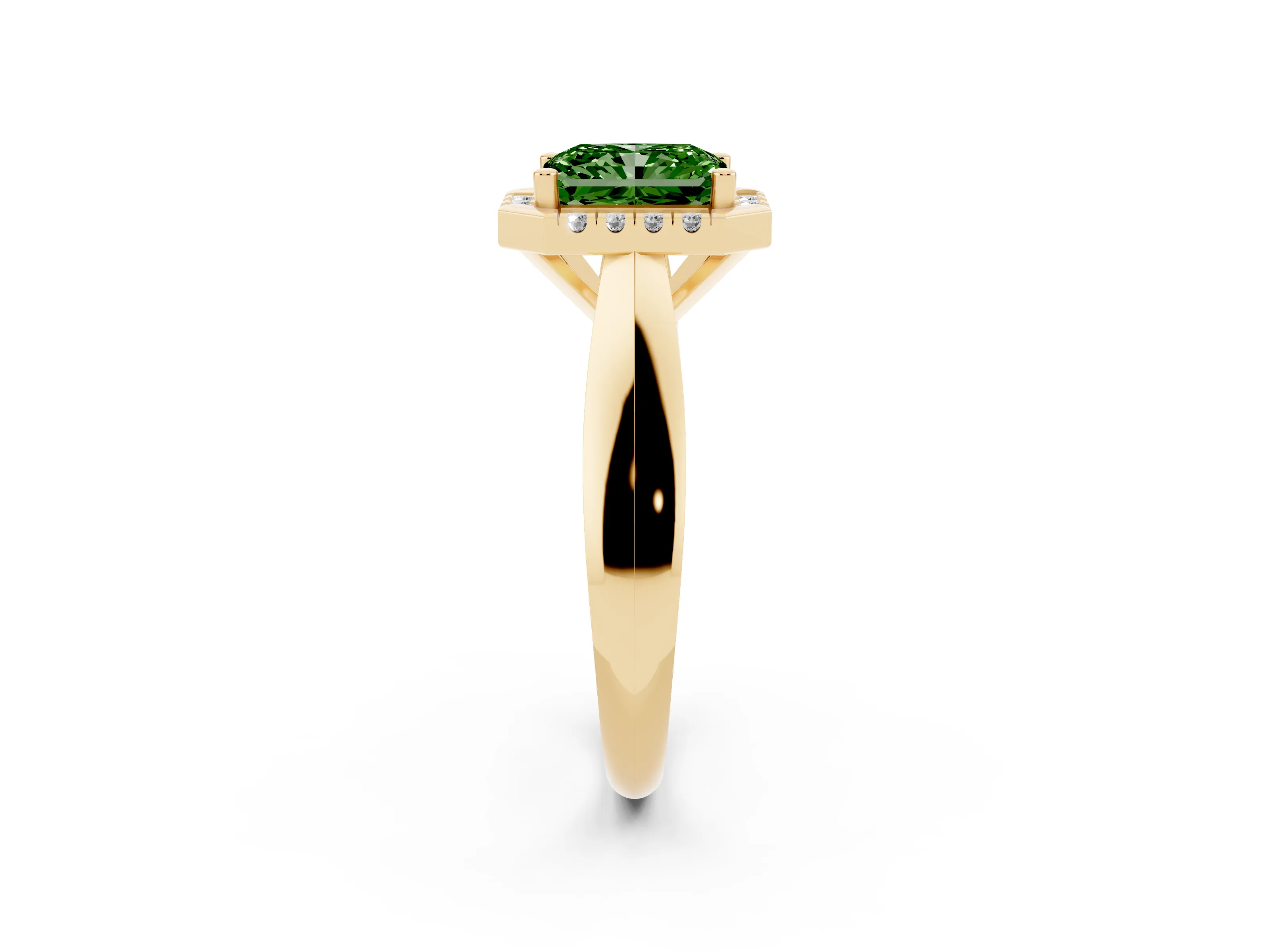 Fancy Green Radiant Cut Diamond Halo Solitaire Engagement Ring Set in Yellow gold with Square Band and Prong Setting