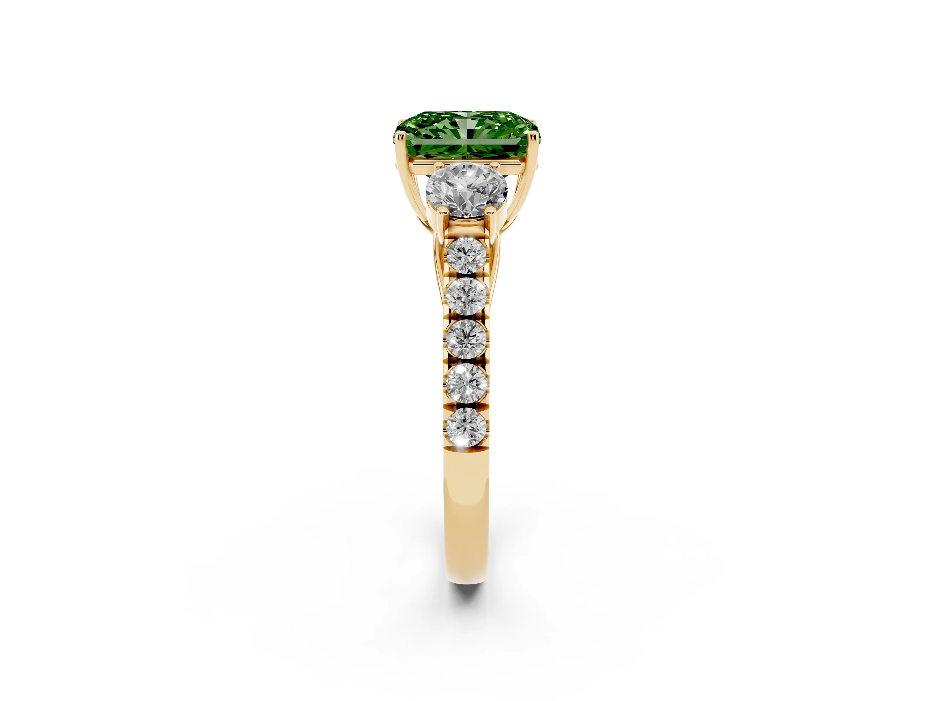 Fancy Green Radiant Cut Diamond Three-Stone Ring Set in Yellow gold with Round Side Stones and Delicate Pavé Band