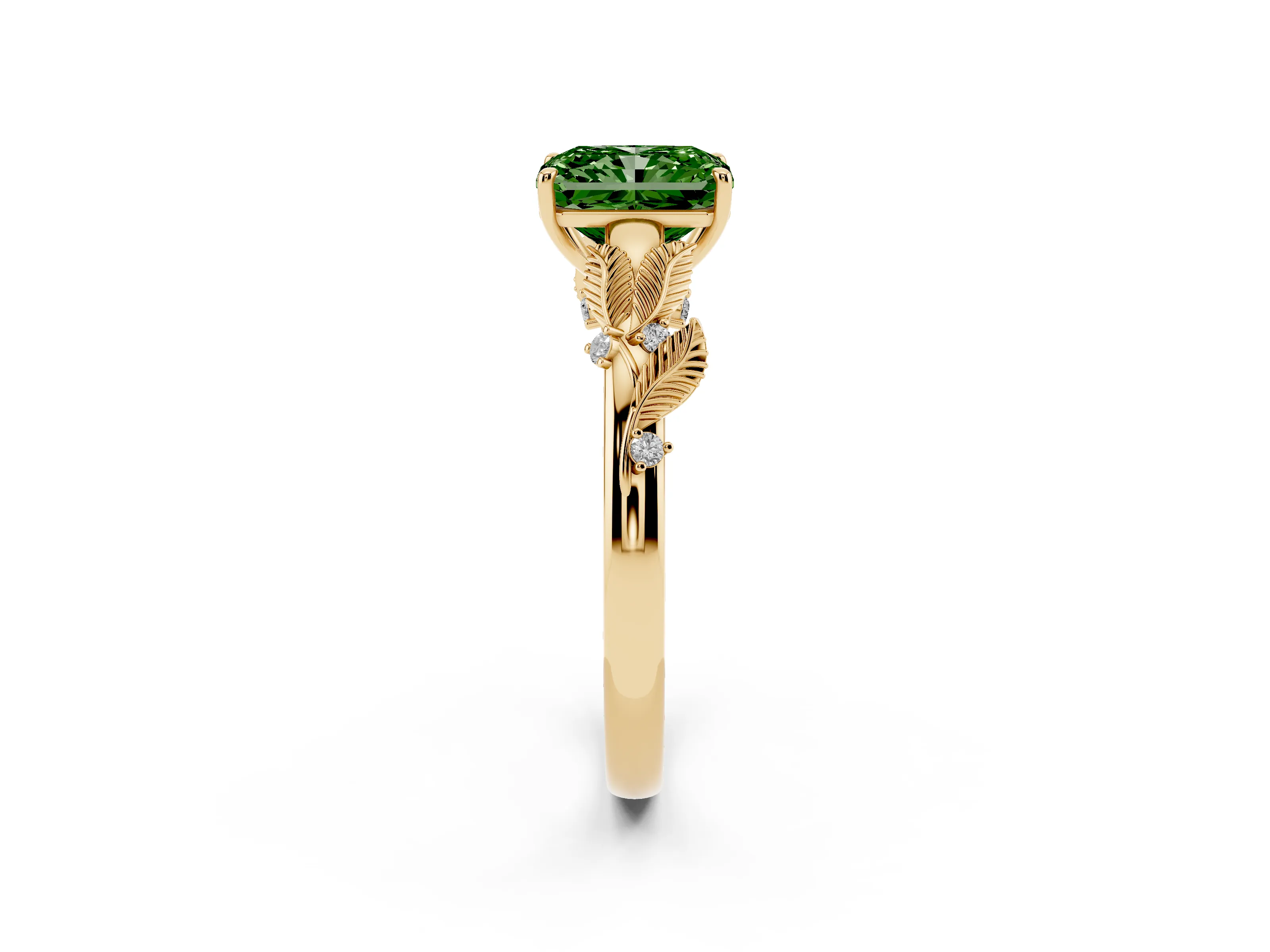 Fancy Green Radiant Cut Diamond Solitaire Ring Set in Yellow gold with Leaf Motif Band