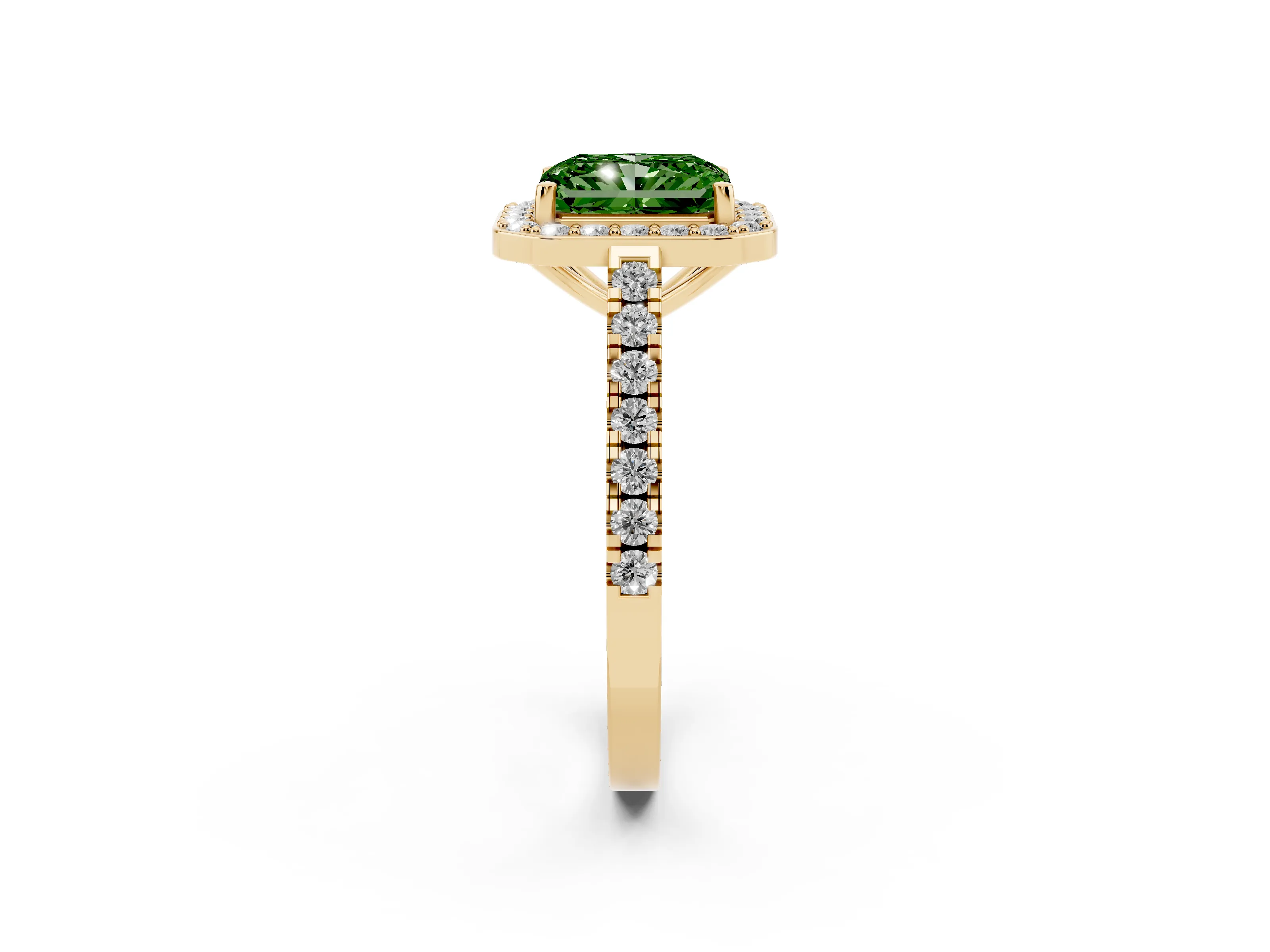 Fancy Green Radiant Cut Diamond Halo Ring Set in Yellow gold with Round Pavé Split Shank and Prong Setting