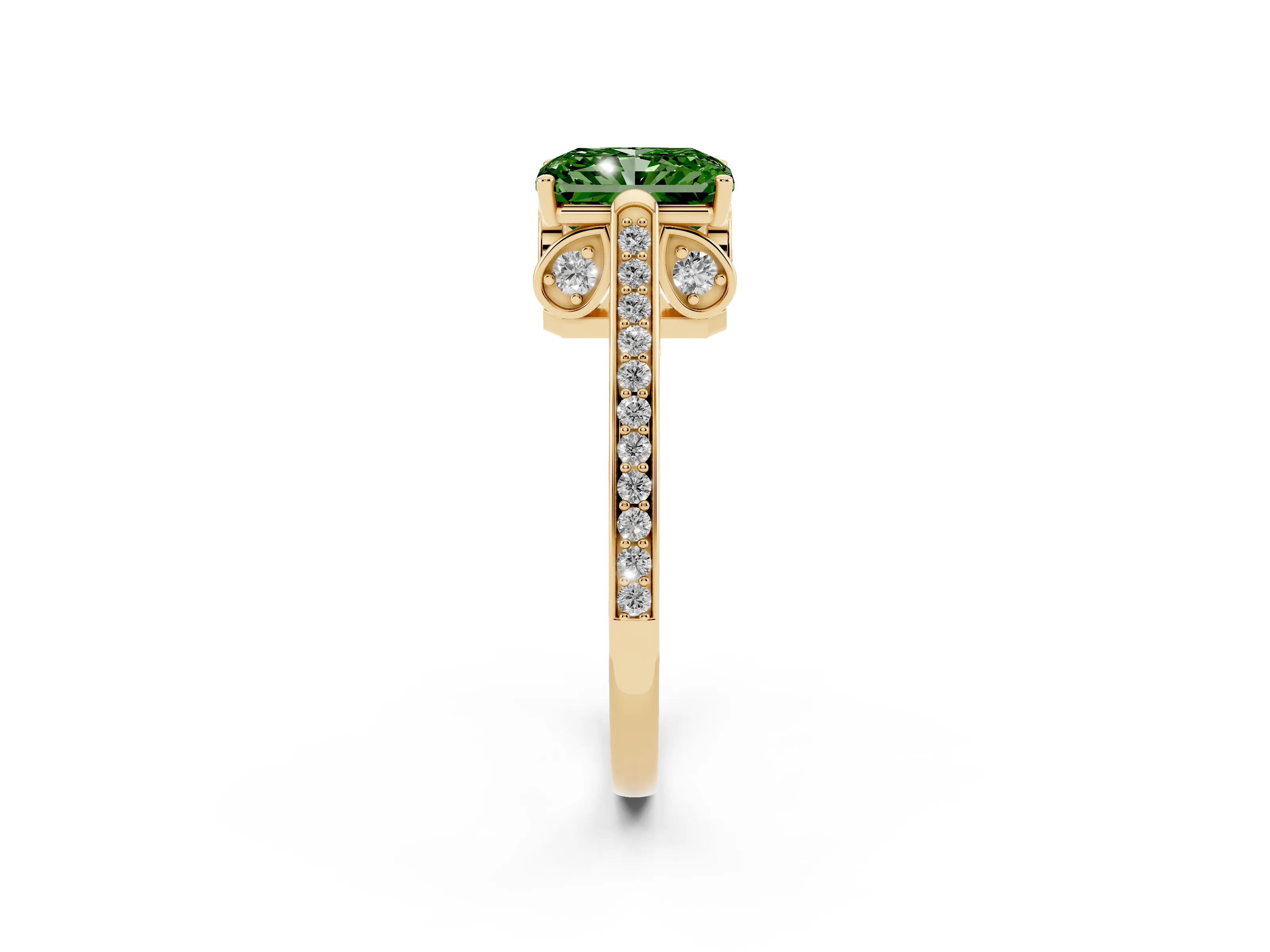 Fancy Green Radiant Cut Diamond Cathedral Pavé Engagement Ring Set in Yellow gold with Prong Setting
