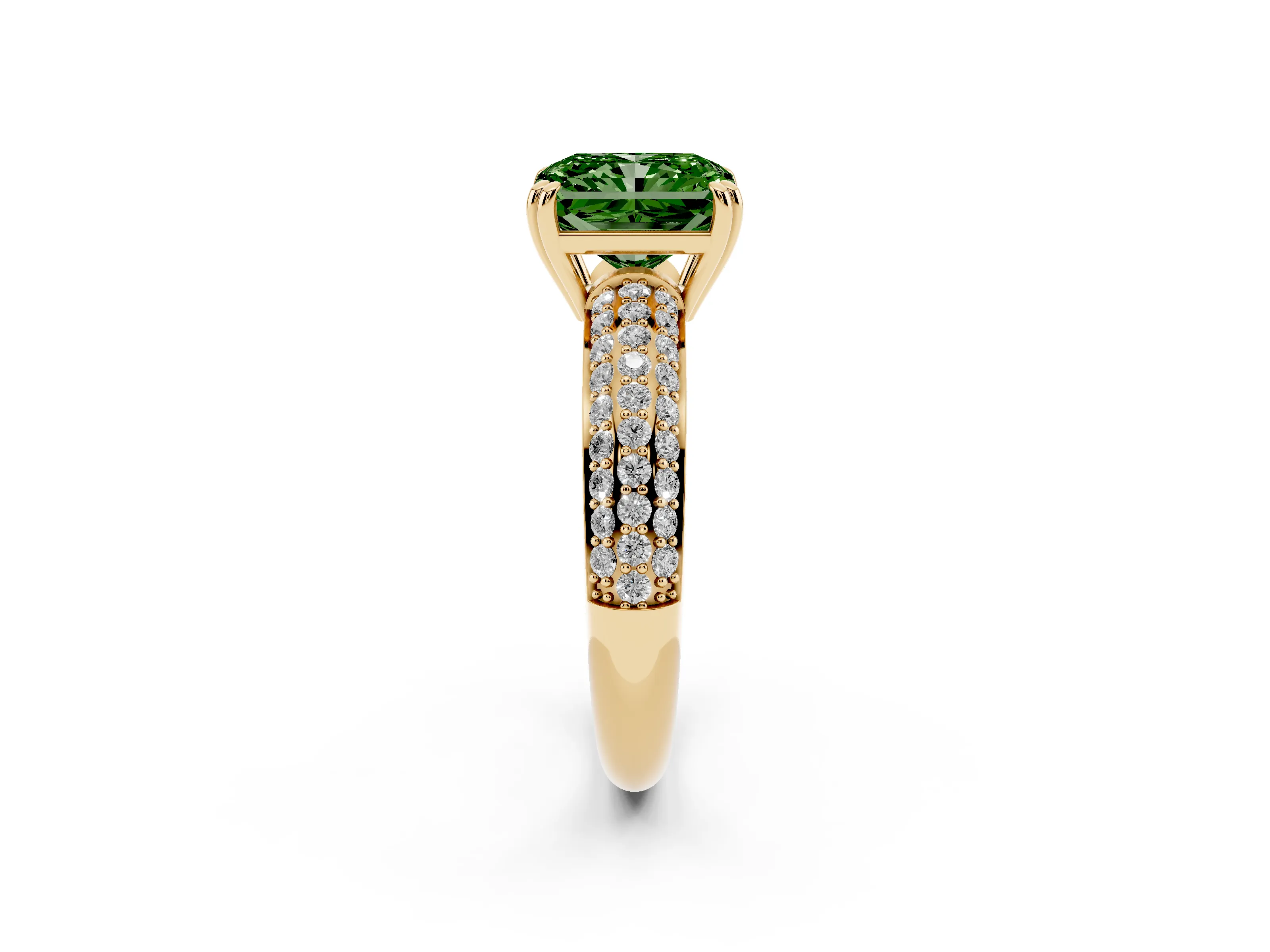 Fancy Green Radiant Cut Diamond Solitaire Ring Set in Yellow gold with Multi-Row Round Pavé Band and Prong Setting