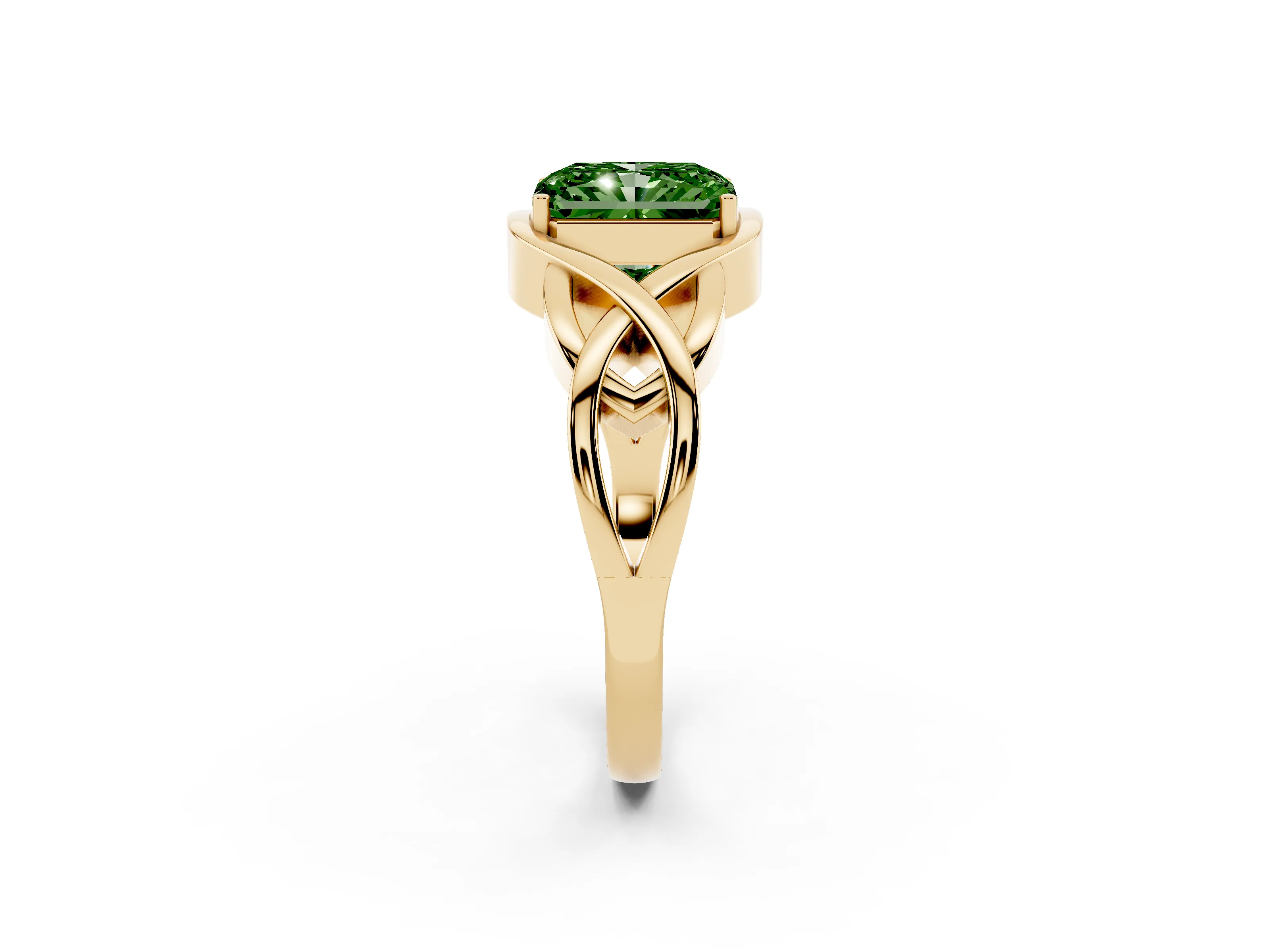 Fancy Green Radiant Cut Diamond Solitaire Ring Set in Yellow gold with Intertwined Band