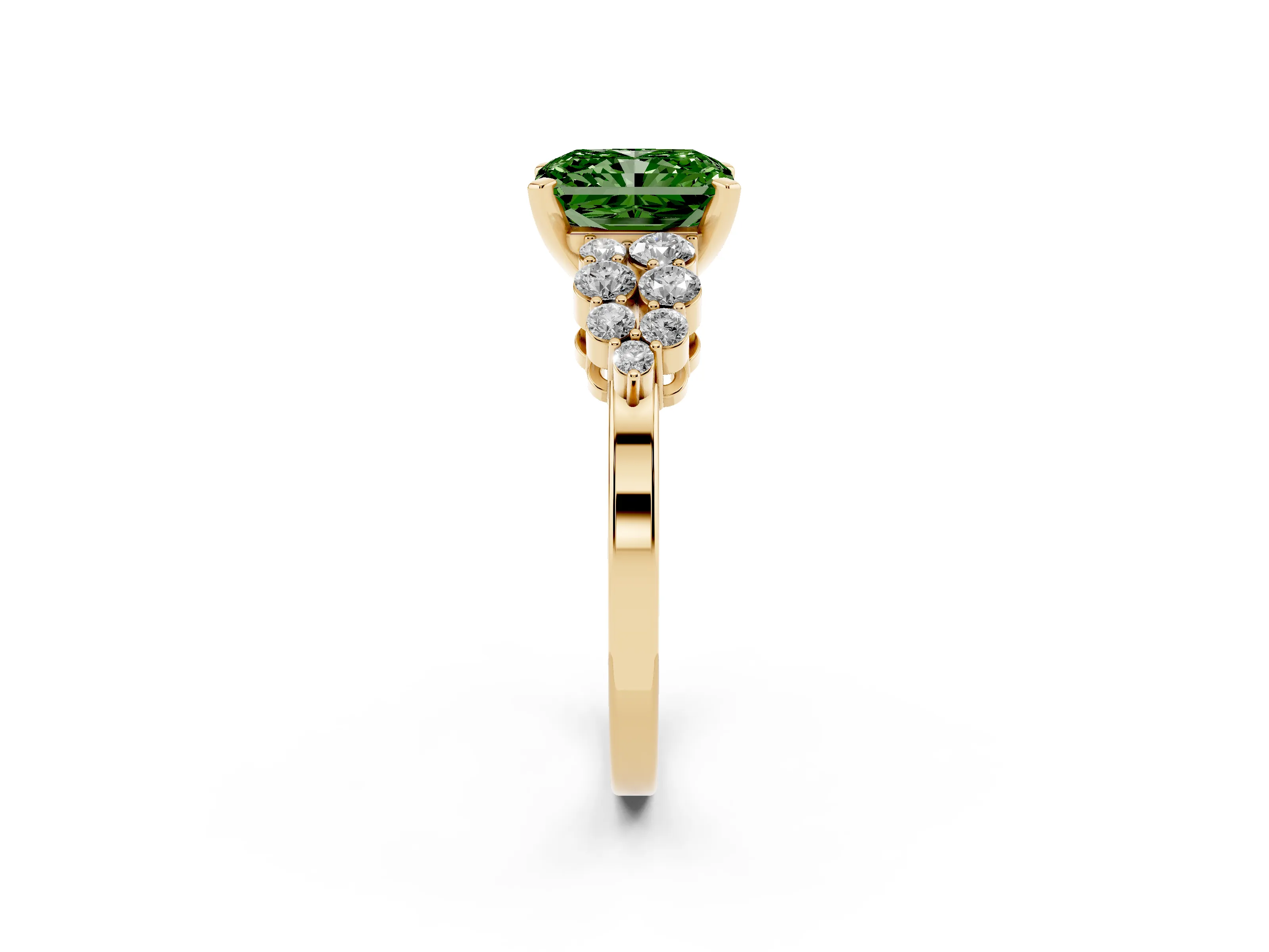 Fancy Green Radiant Cut Diamond Cluster Engagement Ring Set in Yellow gold with Pavé Band and Prong Setting