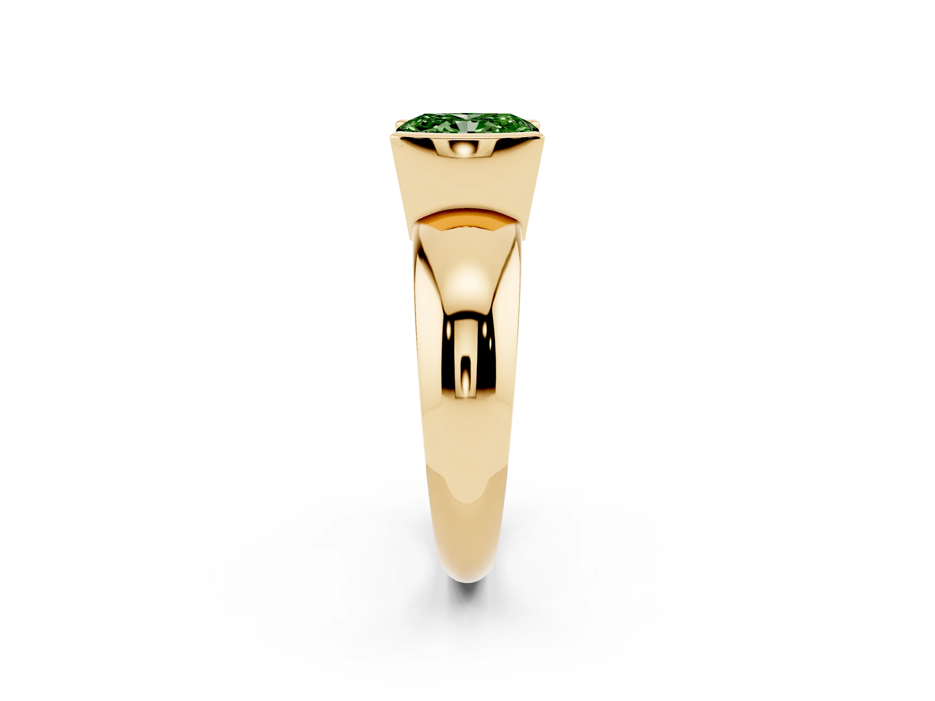 Fancy Green Radiant Cut Diamond Solitaire Tension Set Ring Set in Yellow gold with Wide Band