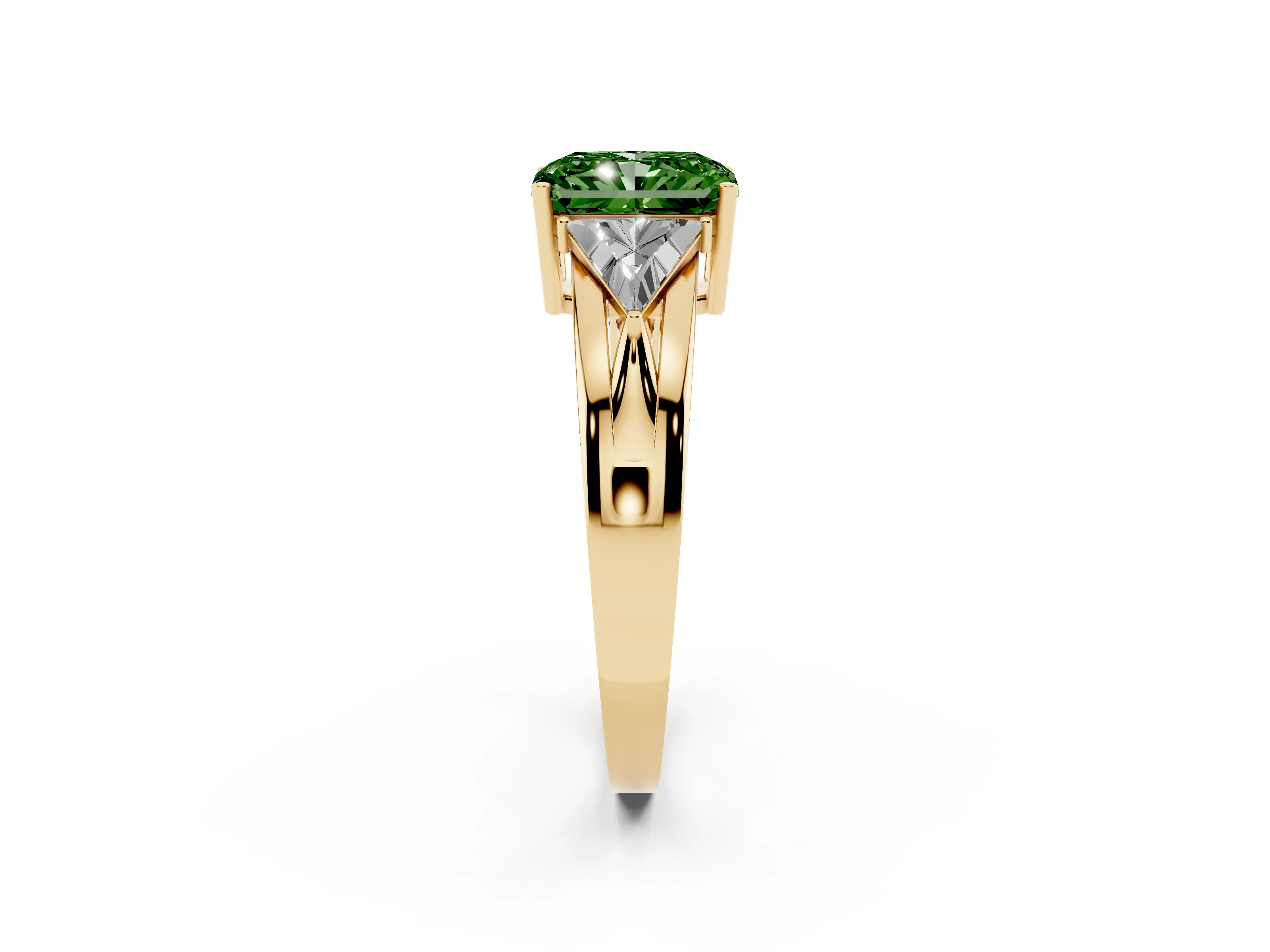 Fancy Green Radiant Cut Diamond Three-Stone Ring Set in Yellow gold with Trillion Side Stones and Split Shank