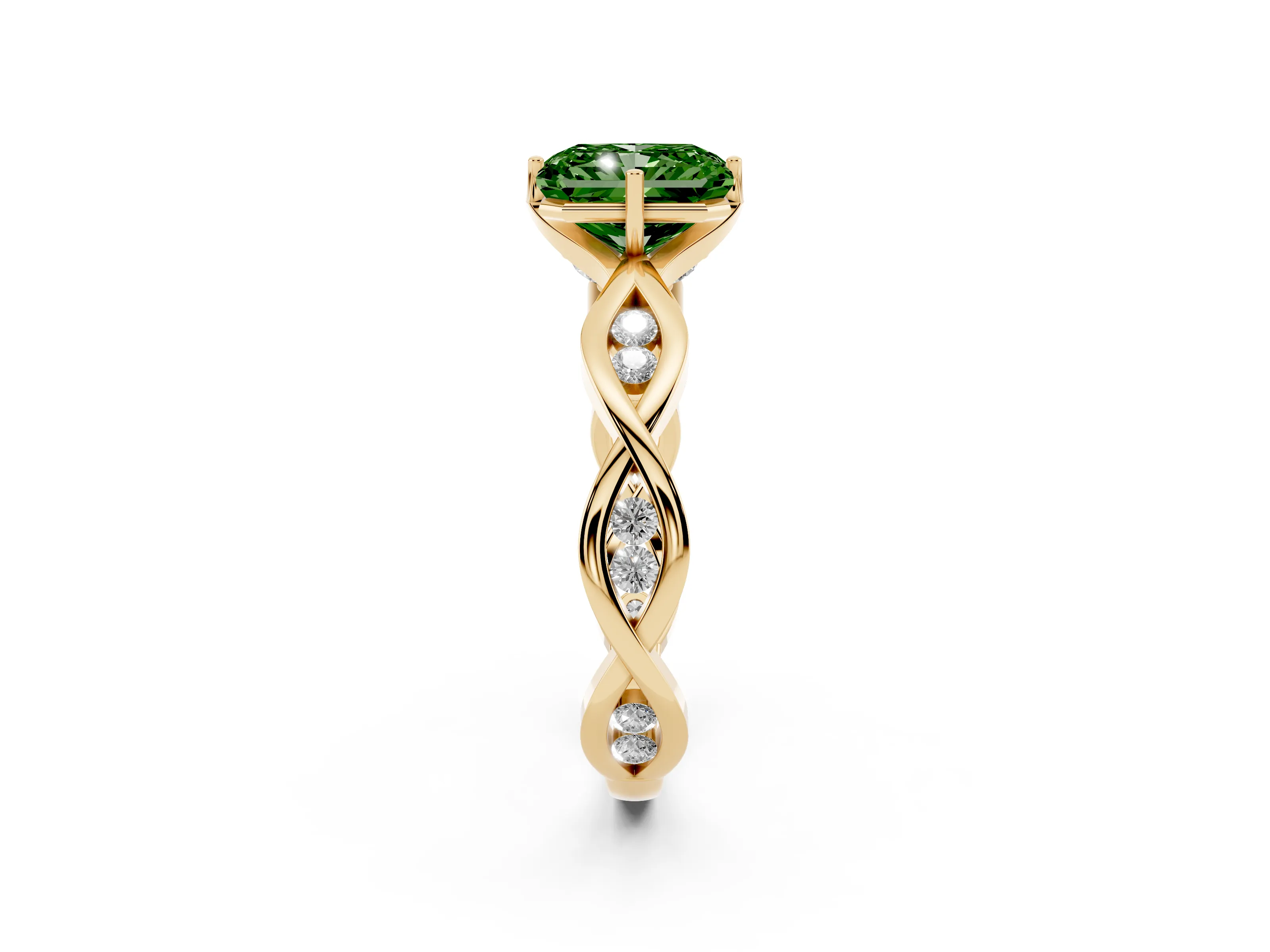Fancy Green Radiant Cut Diamond Twist Band Solitaire Ring Set in Yellow gold with Leaf Prong Setting and Accent Stones