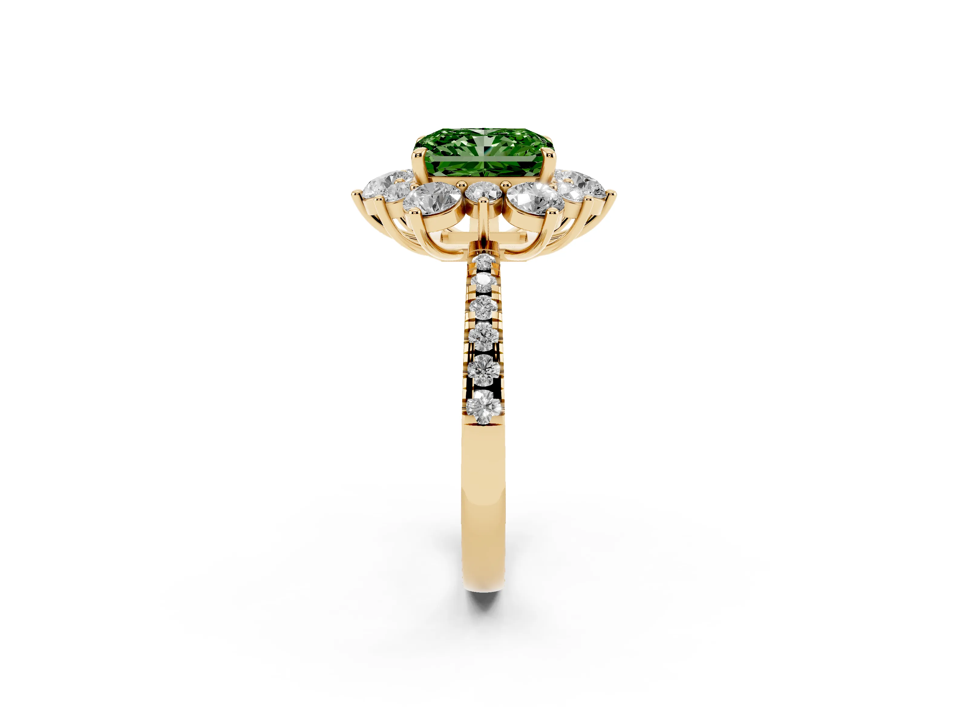 Fancy Green Radiant Cut Diamond Floral Halo Ring Set in Yellow gold with Round Pavé Band and Prong Setting