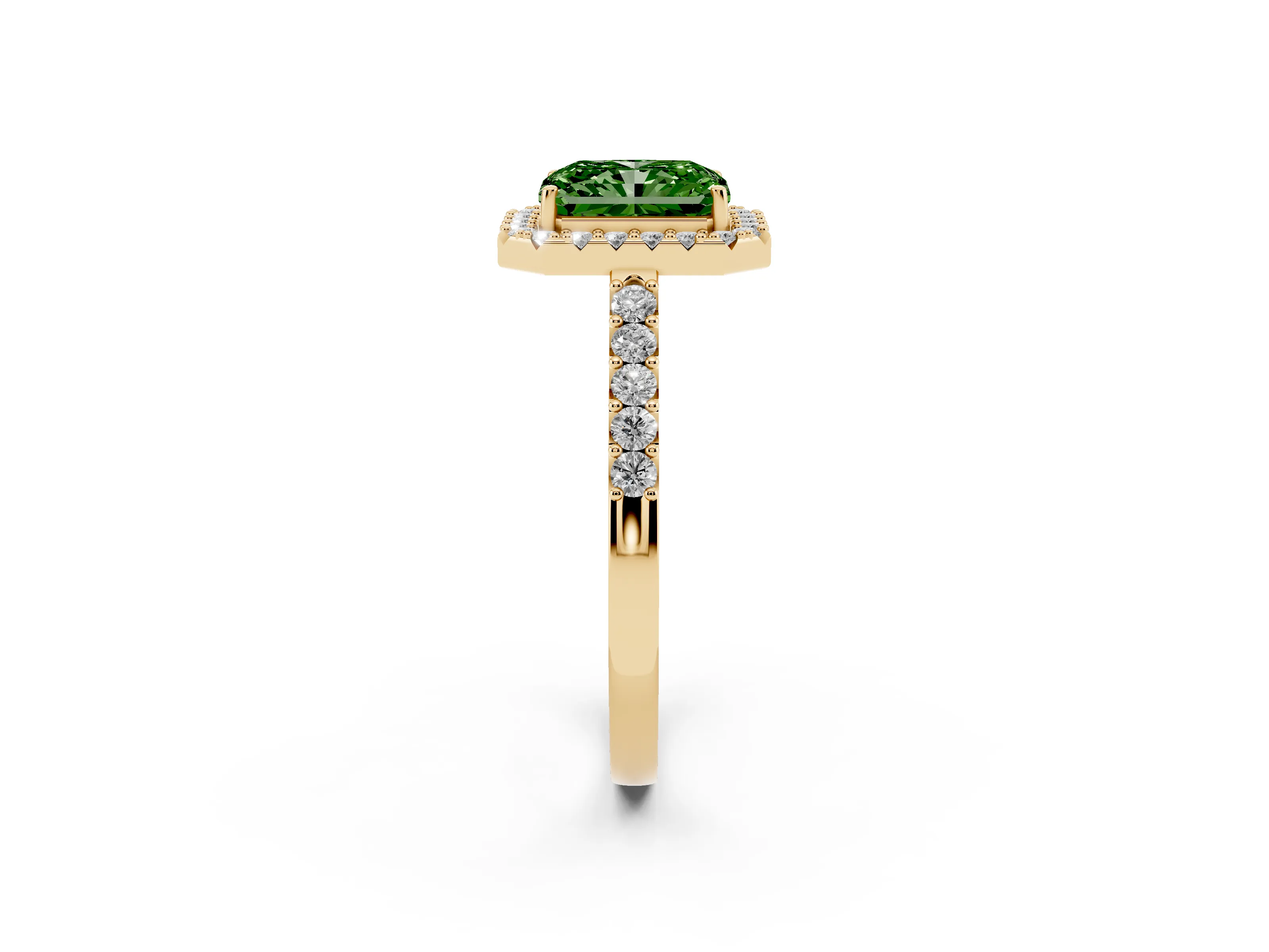 Fancy Green Radiant Cut Diamond Halo Pavé Solitaire Ring Set in Yellow gold with Prong-Set Center Stone