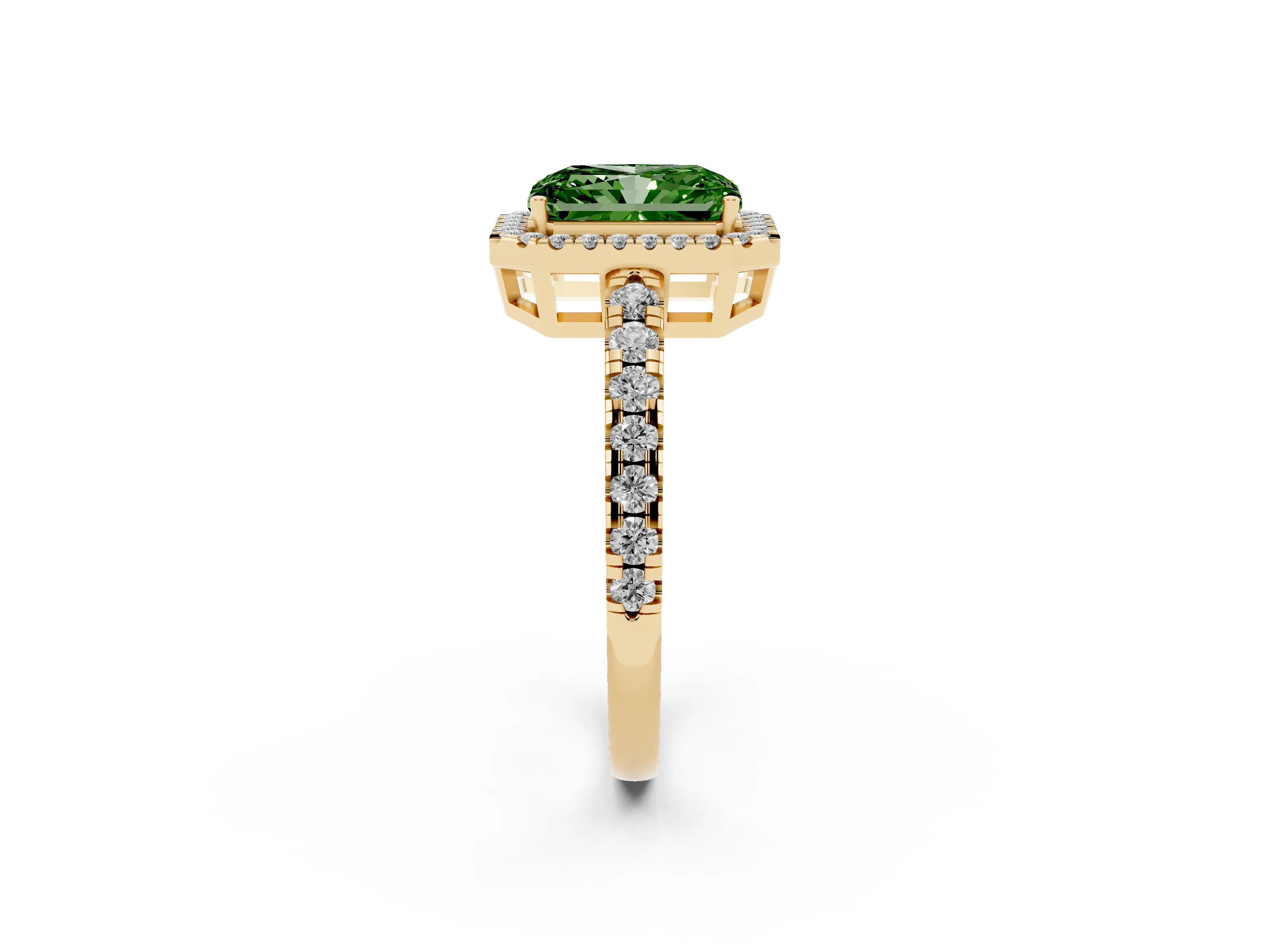 Fancy Green Radiant Cut Diamond Halo Ring Set in Yellow gold with Delicate Pavé Band and Prong Setting