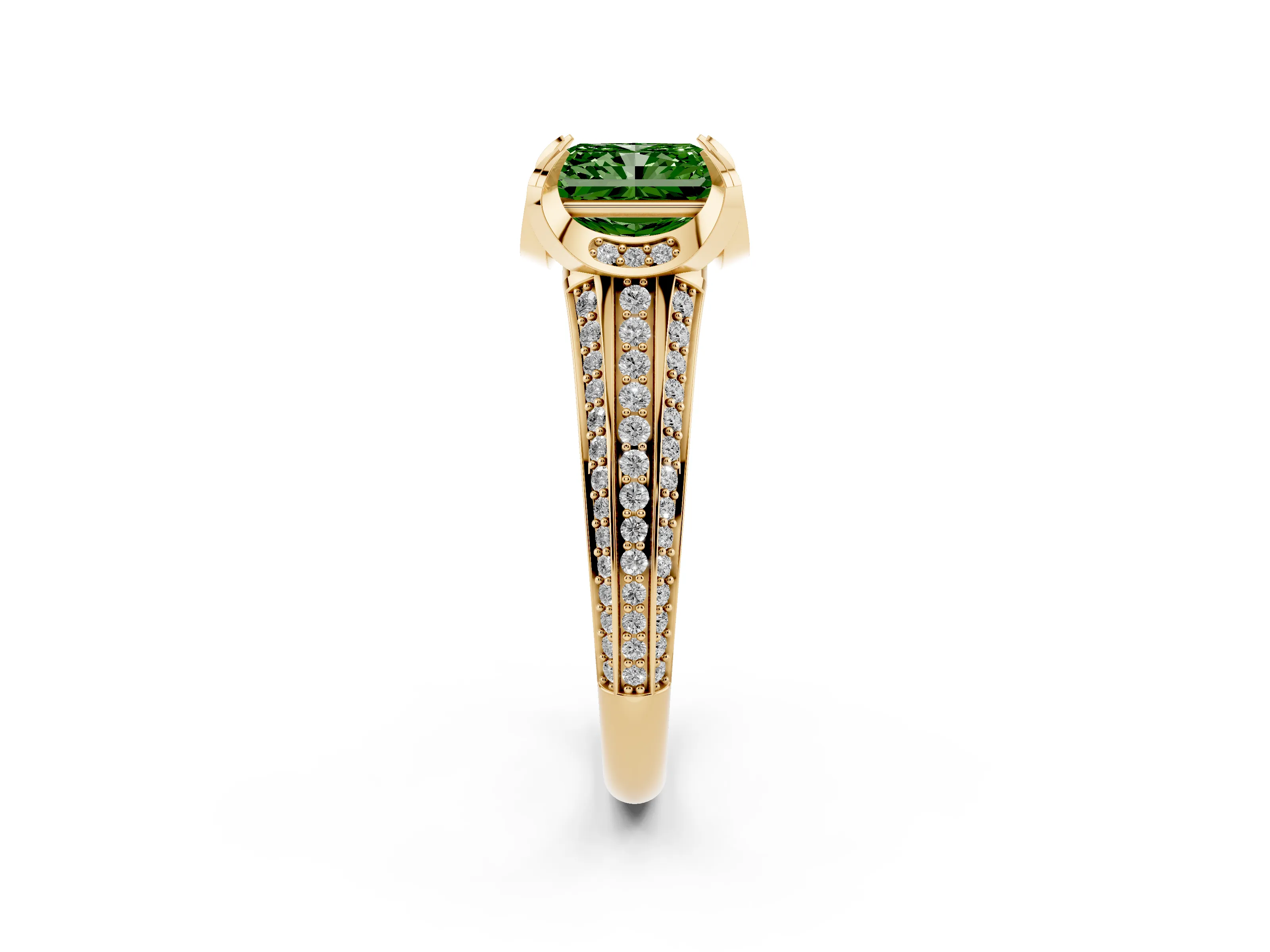 Fancy Green Radiant Cut Diamond Pavé Split Shank Solitaire Ring Set in Yellow gold with Prong Setting