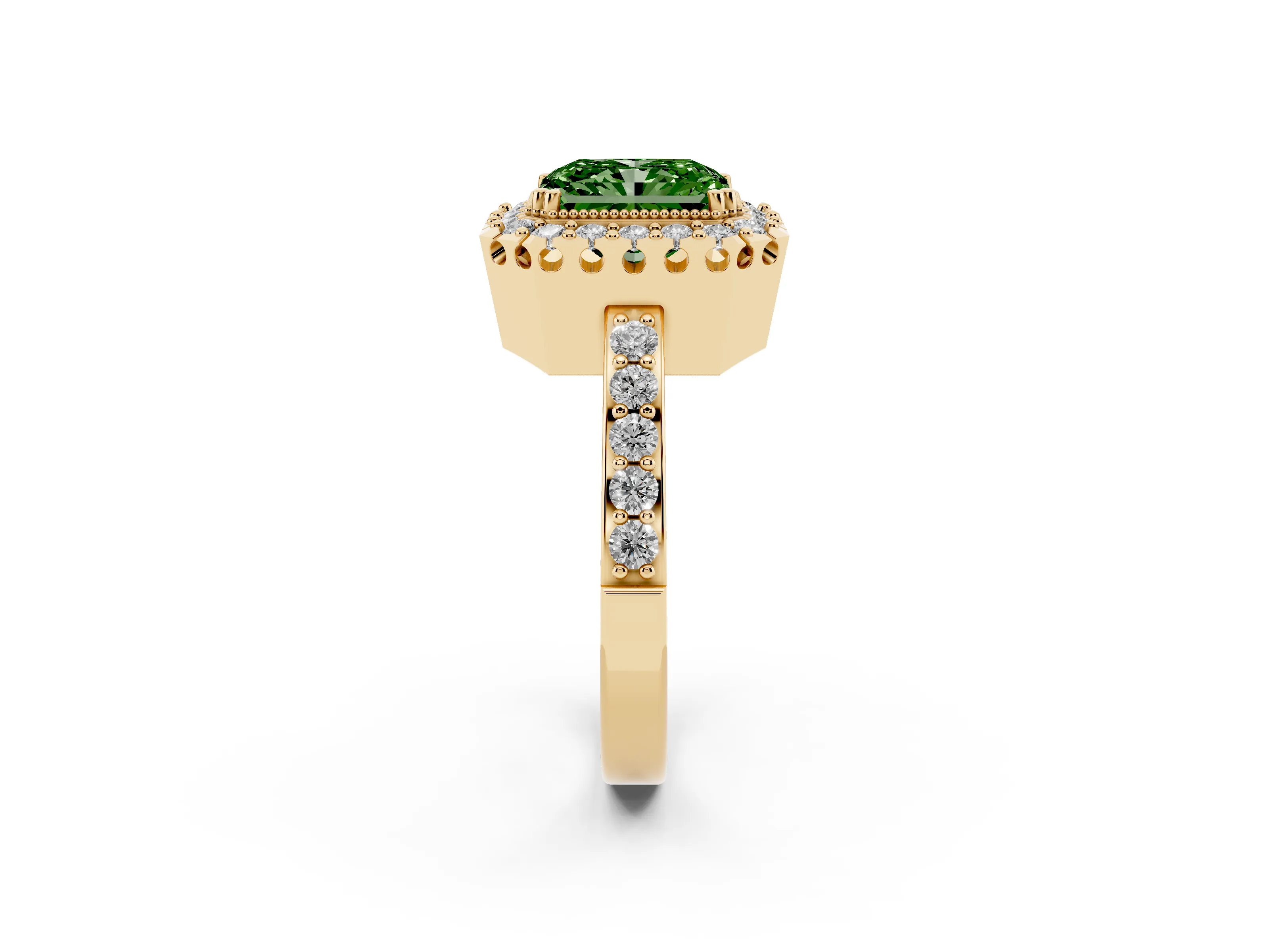 Fancy Green Radiant Cut Diamond Halo Ring Set in Yellow gold with Pavé Shank and Prong Setting
