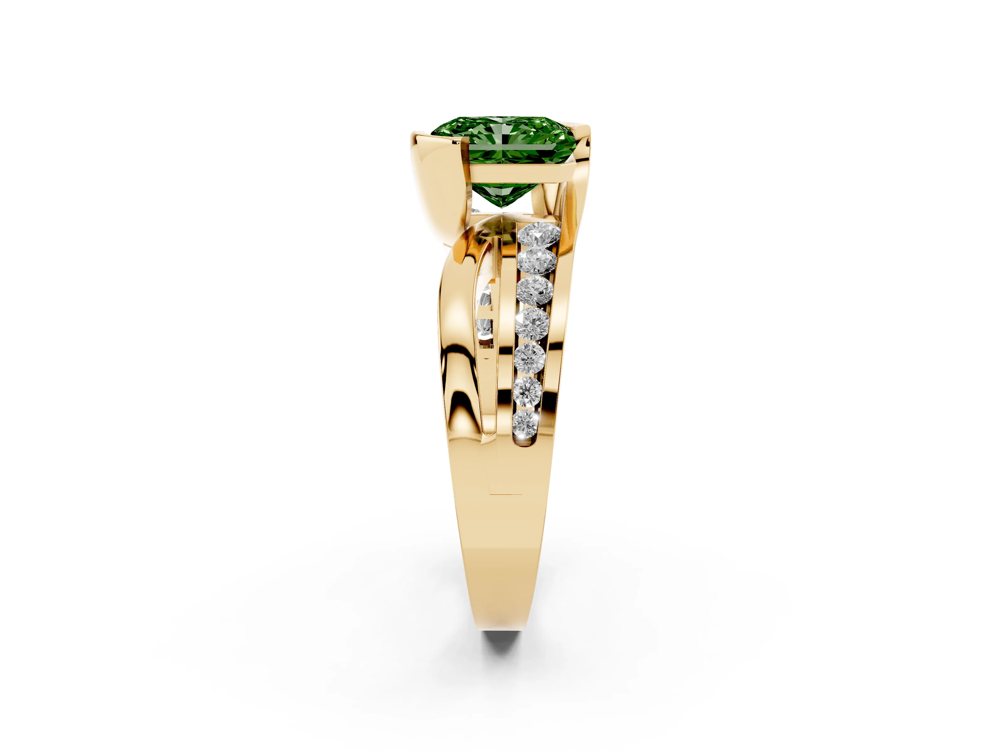 Fancy Green Radiant Cut Diamond Solitaire Ring Set in Yellow gold with Channel Set Split Shank and Tension Prongs