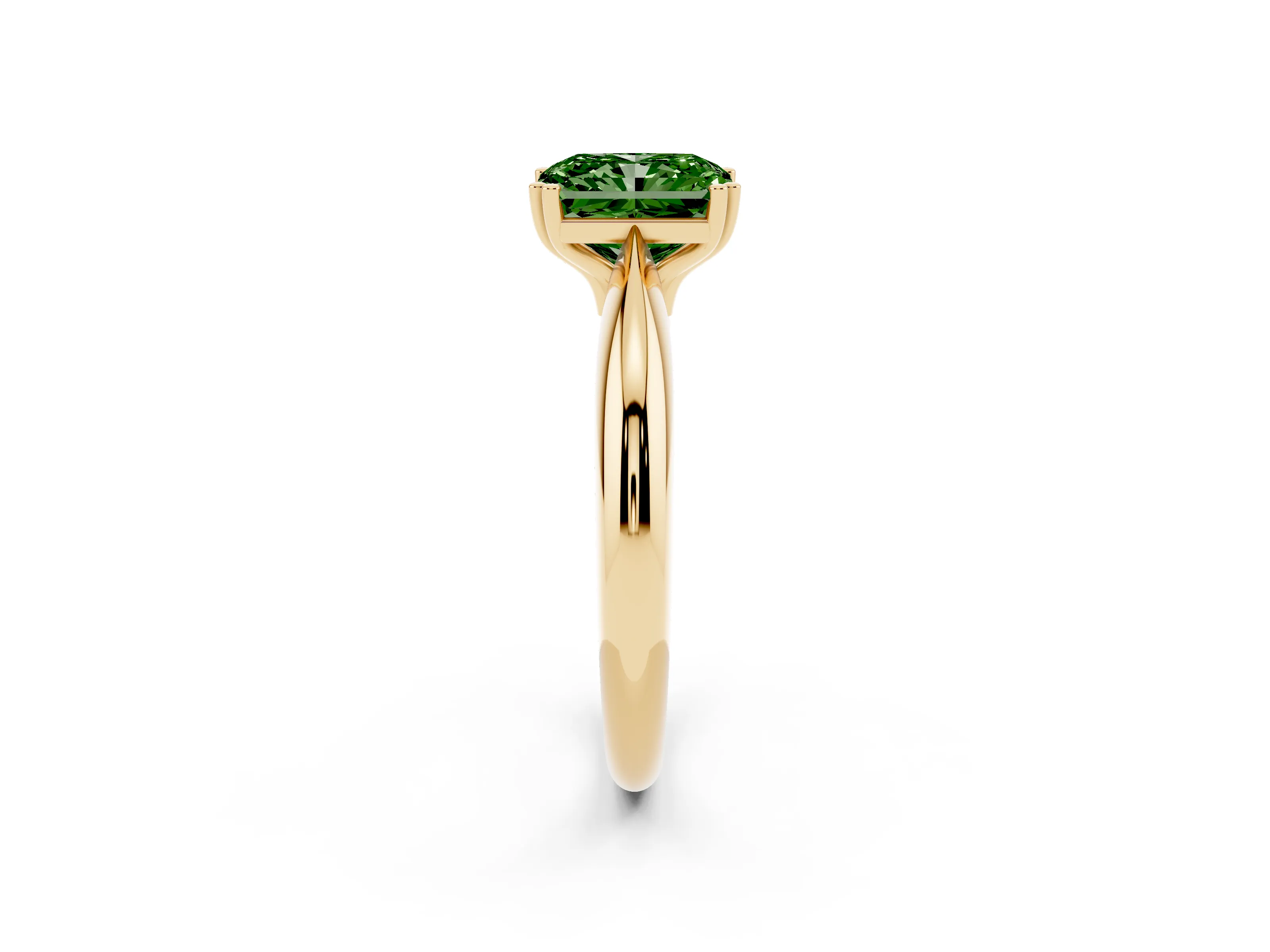 Fancy Green Radiant Cut Diamond Solitaire Engagement Ring Set in Yellow gold with Tapered Band and Prong Setting
