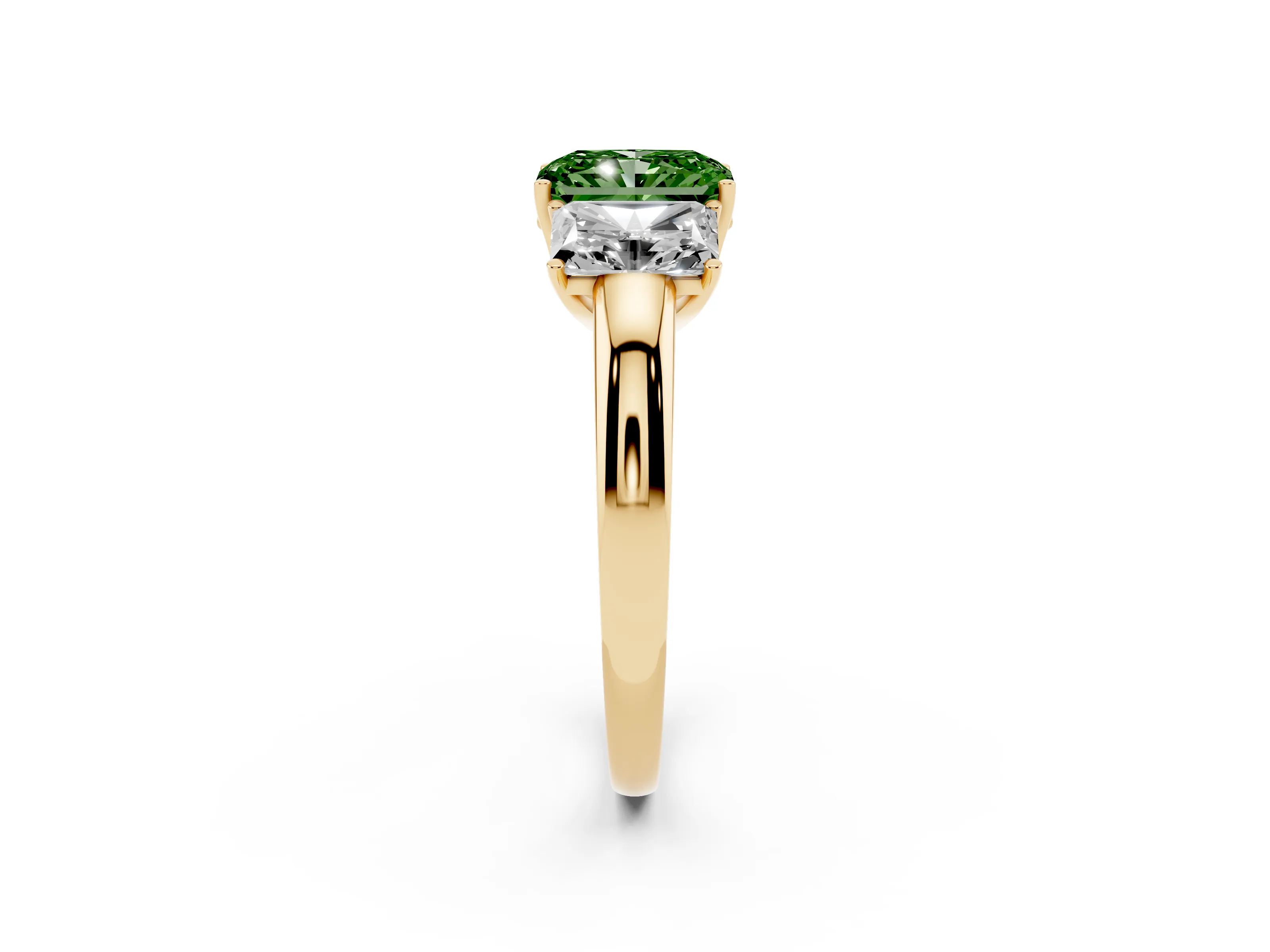 Fancy Green Radiant Cut Diamond Three-Stone Ring Set in Yellow gold with Bold Center and Classic Band