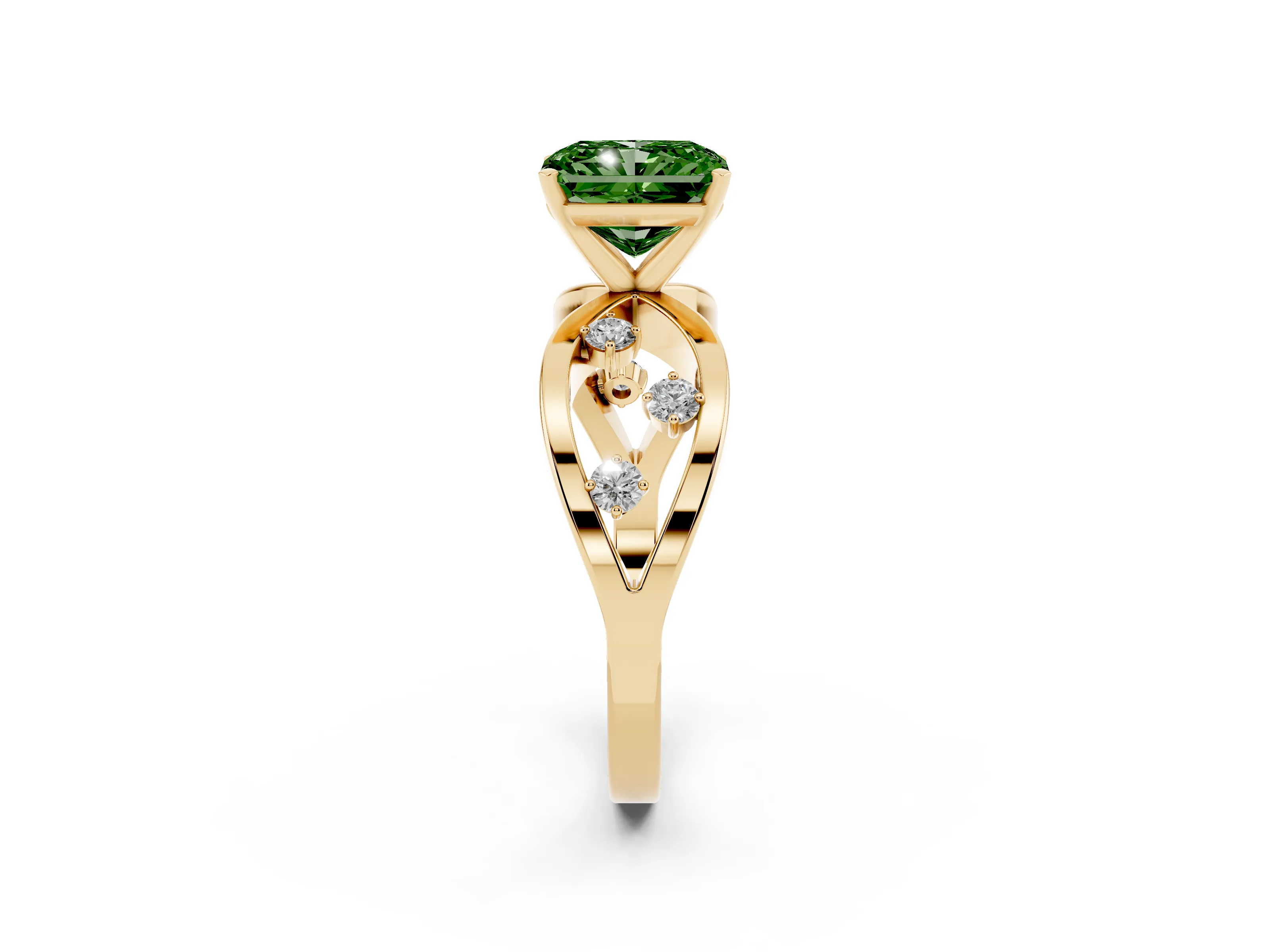 Fancy Green Radiant Cut Diamond Solitaire Ring Set in Yellow gold with Side Stones on Criss-Cross Band and Prong Setting