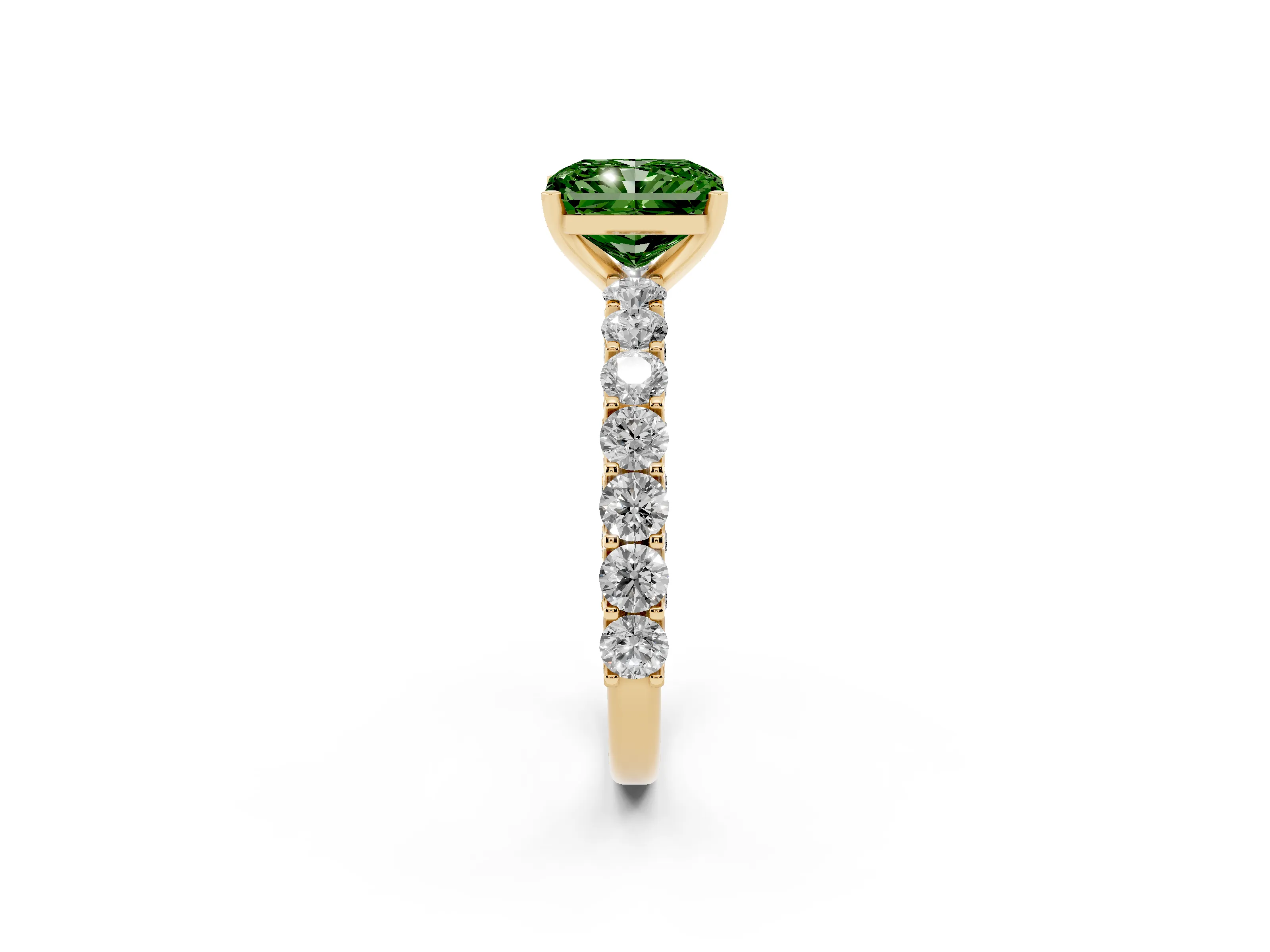 Fancy Green Radiant Cut Diamond Solitaire Ring Set in Yellow gold with Shared Prong Pavé Band