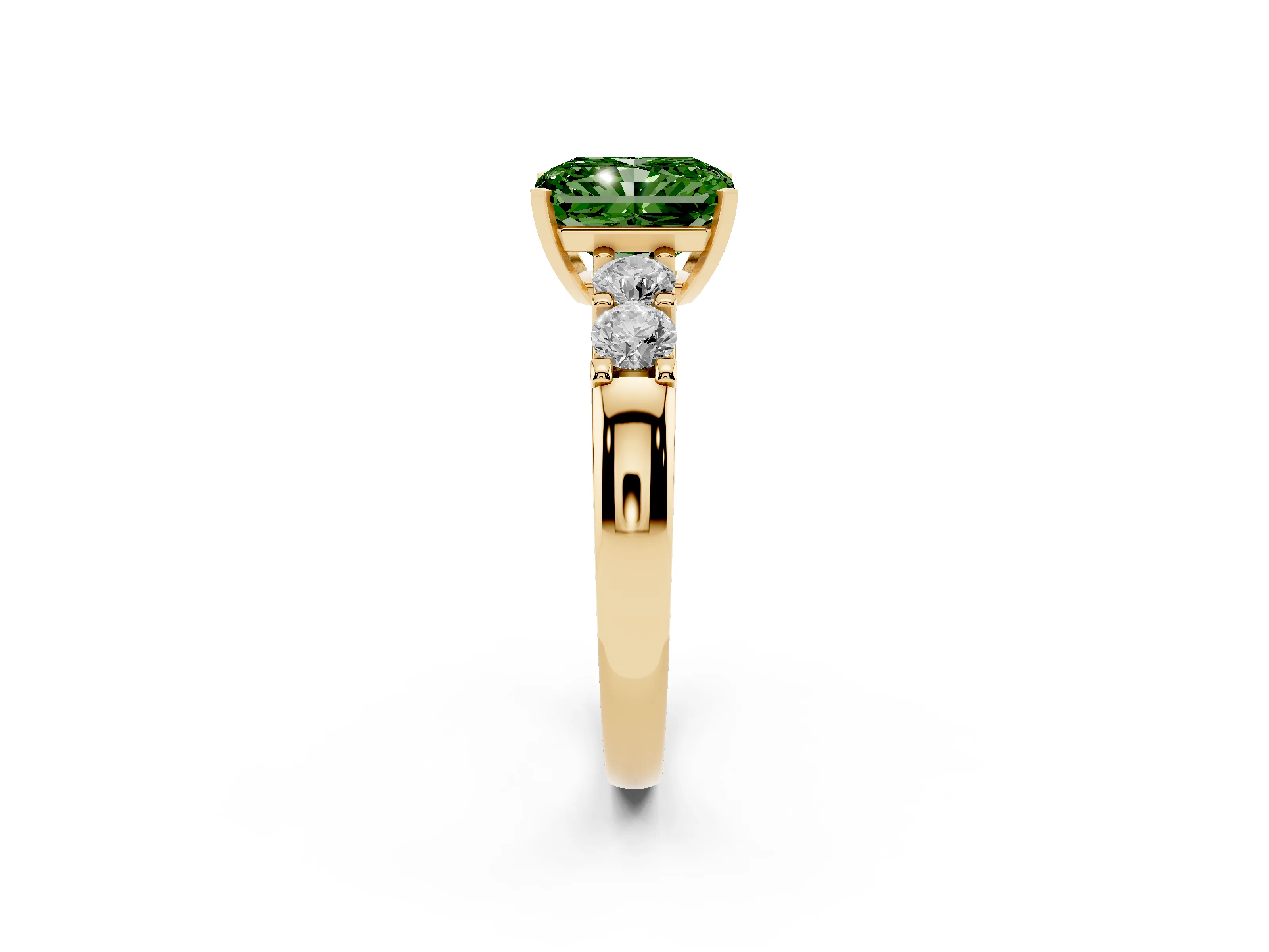 Fancy Green Radiant Cut Diamond Five-Stone Prong Set Engagement Ring Set in Yellow gold with Channel Band