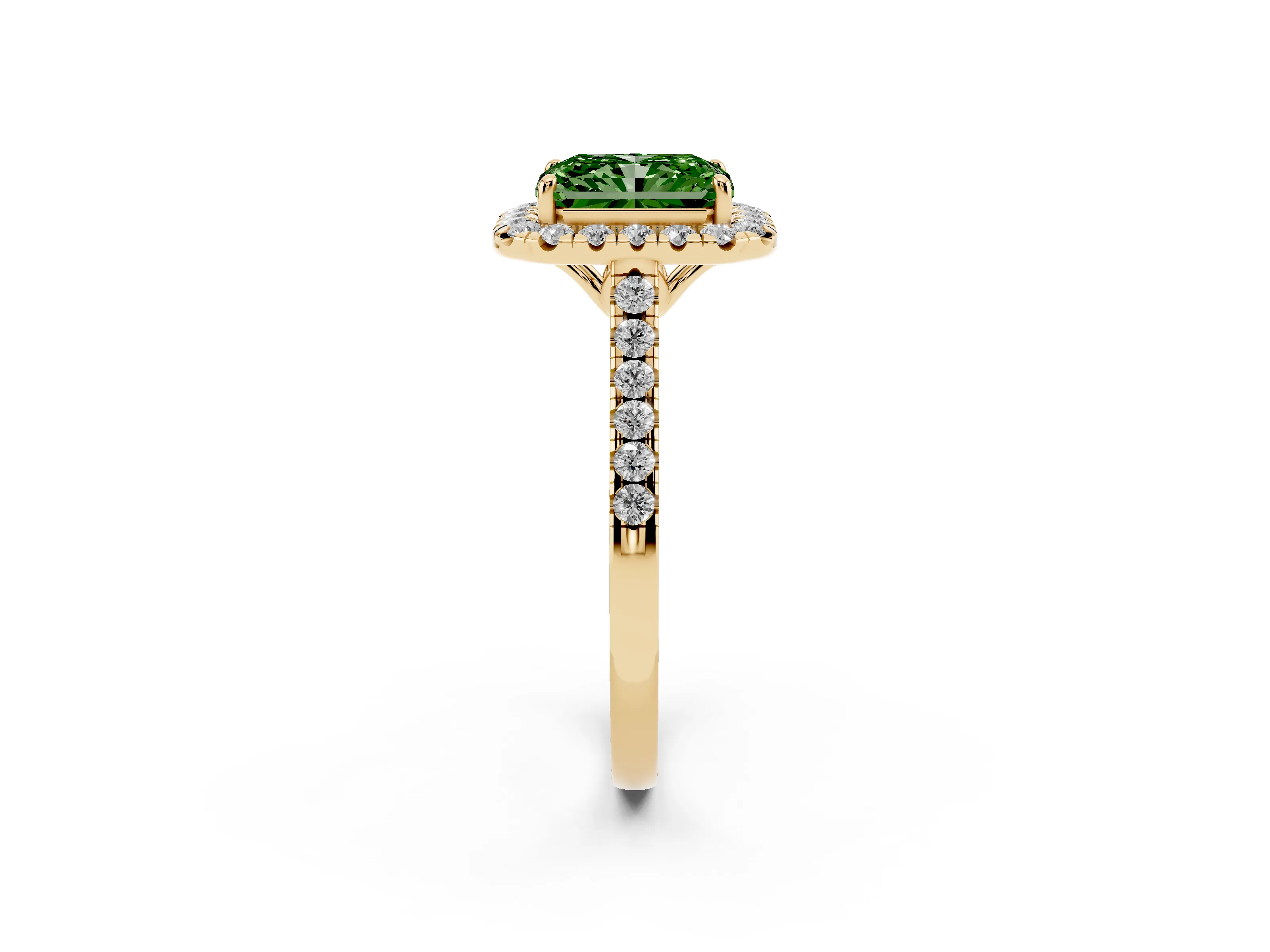 Fancy Green Radiant Cut Diamond Pavé Halo Engagement Ring Set in Yellow gold with Pavé Band and Prong Setting
