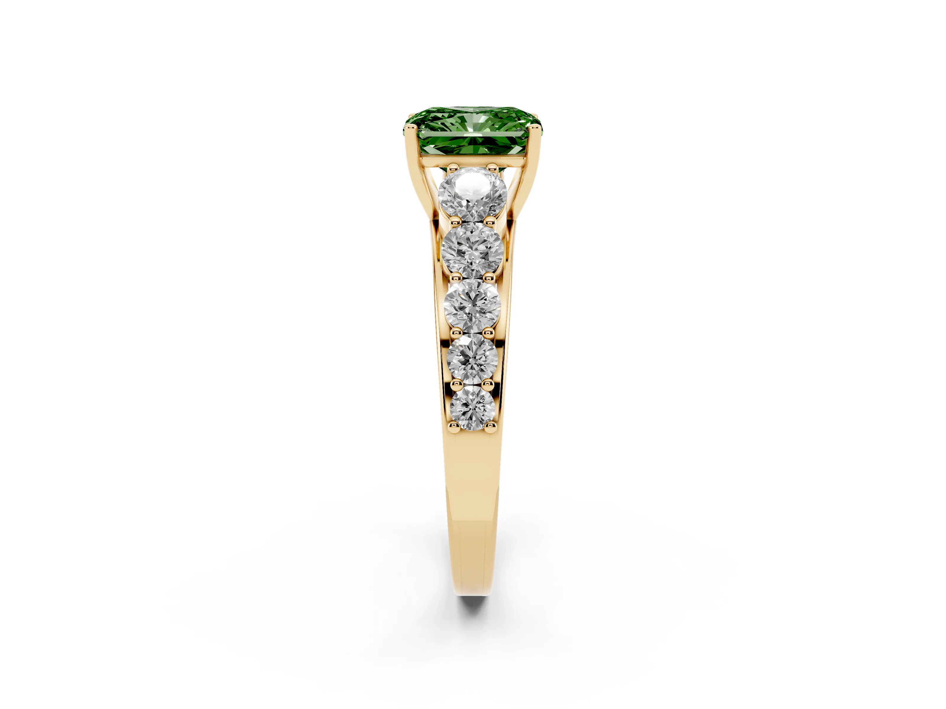 Fancy Green Radiant Cut Diamond Solitaire Ring Set in Yellow gold with Pavé-Set Band and Prong Setting