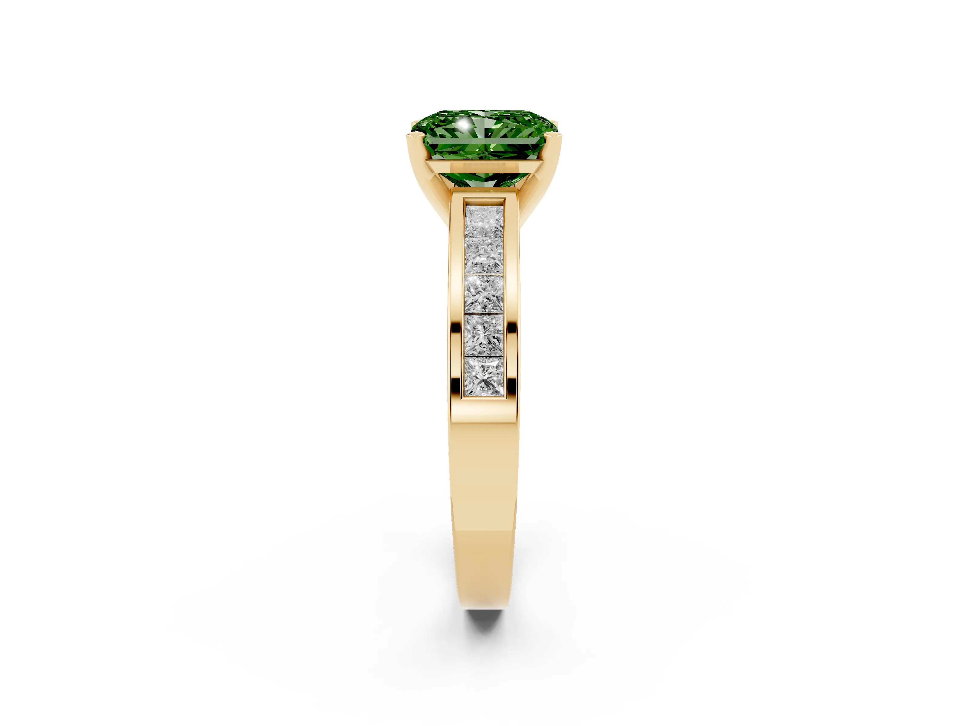 Fancy Green Radiant Cut Diamond Solitaire Ring Set in Yellow gold with Channel-Set Band and Prong Setting
